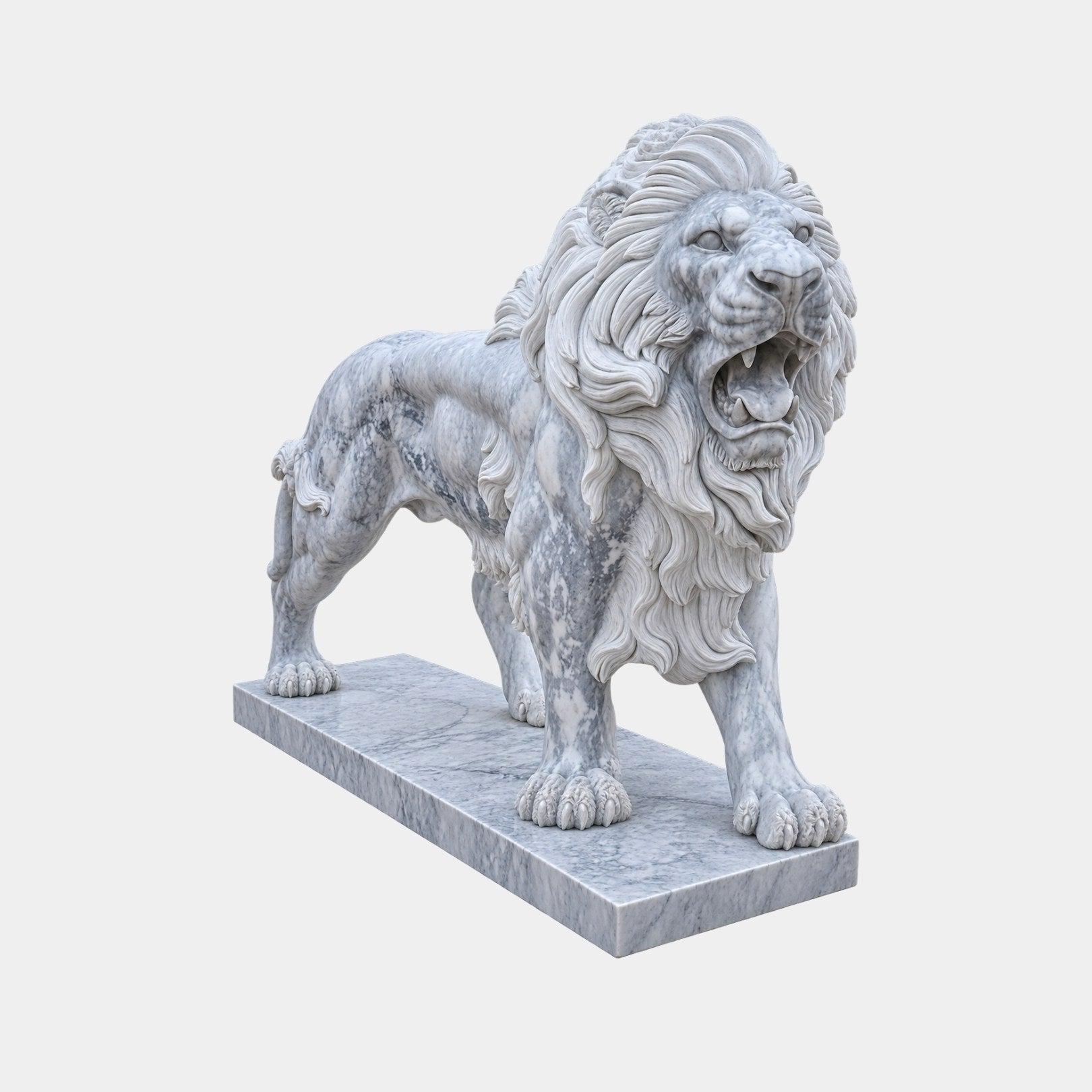 Grey-clouded white marble lion standing and roaring on a thin slab