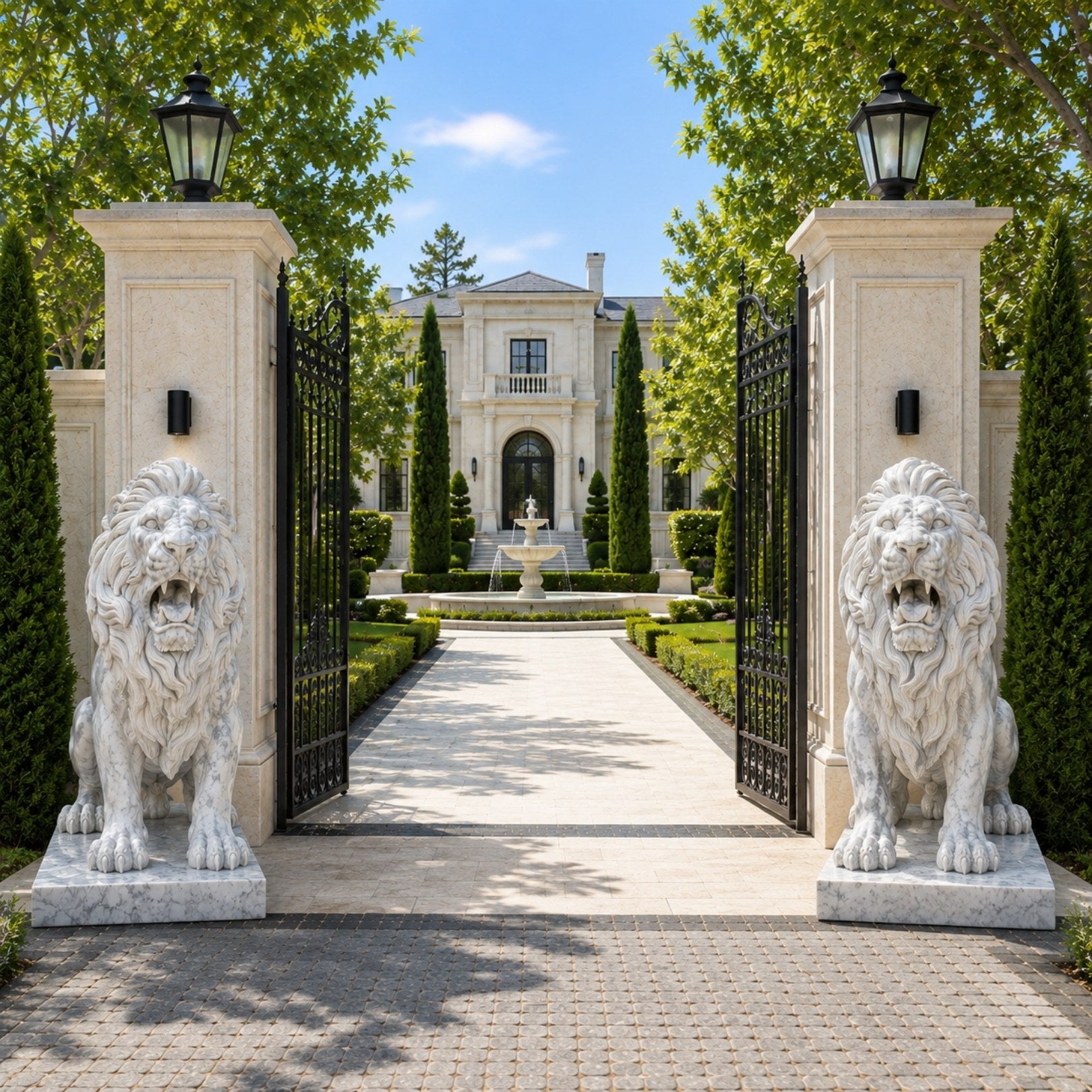Grey-clouded white marble lion standing with its jaws wide
