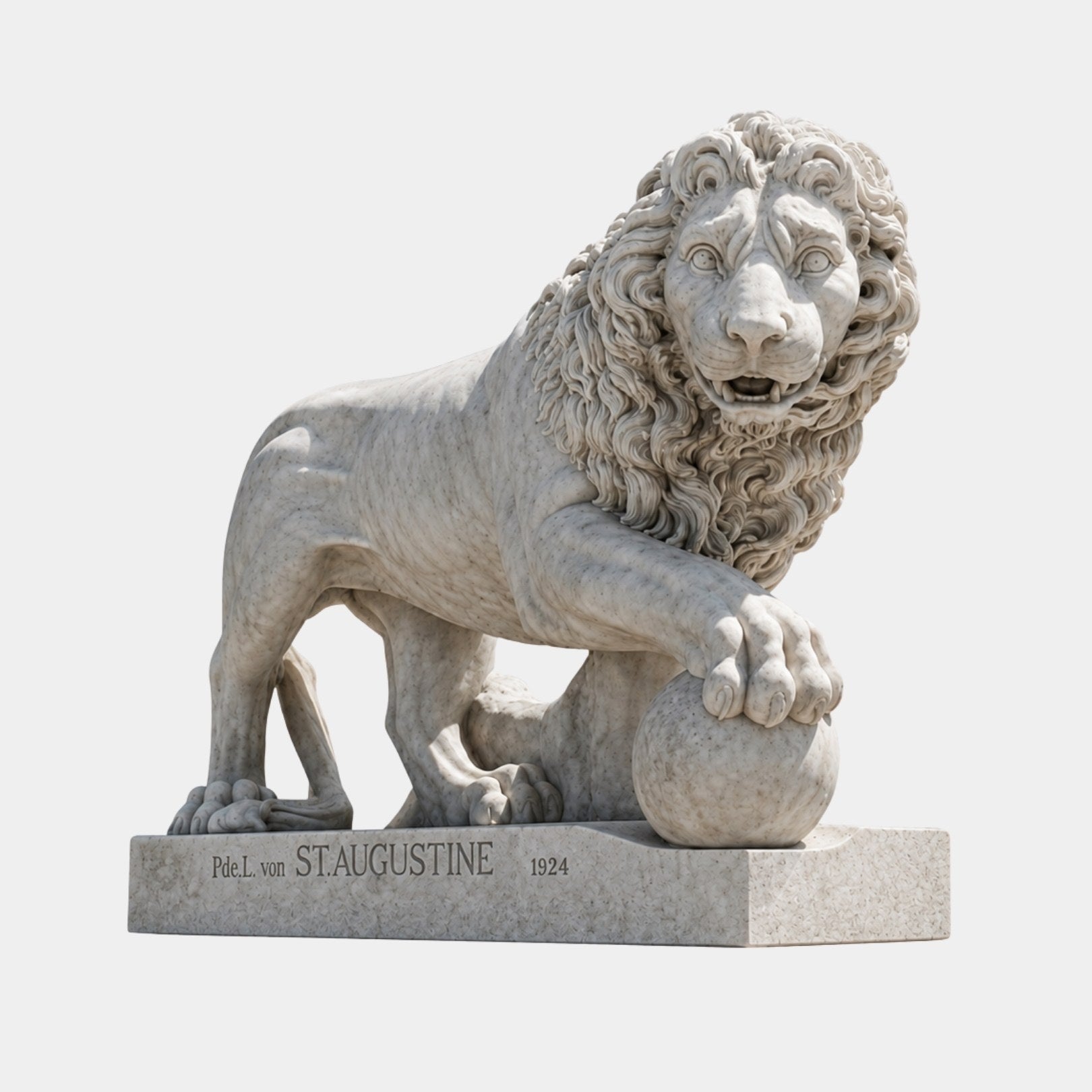 White marble lion standing with a forepaw laid over a large ball