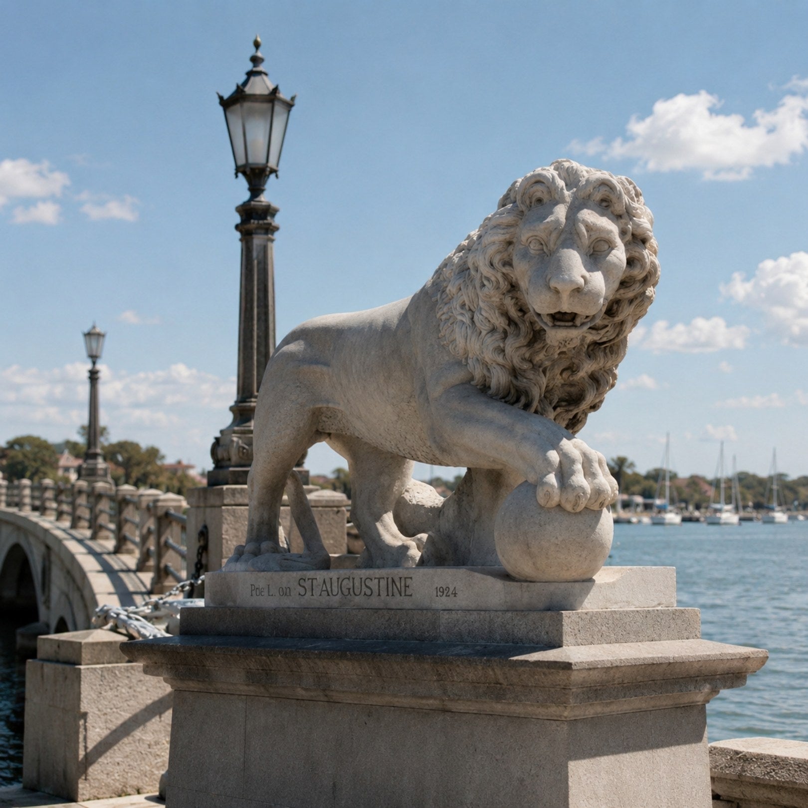 The white marble lion on its canted plinth at a drive entrance