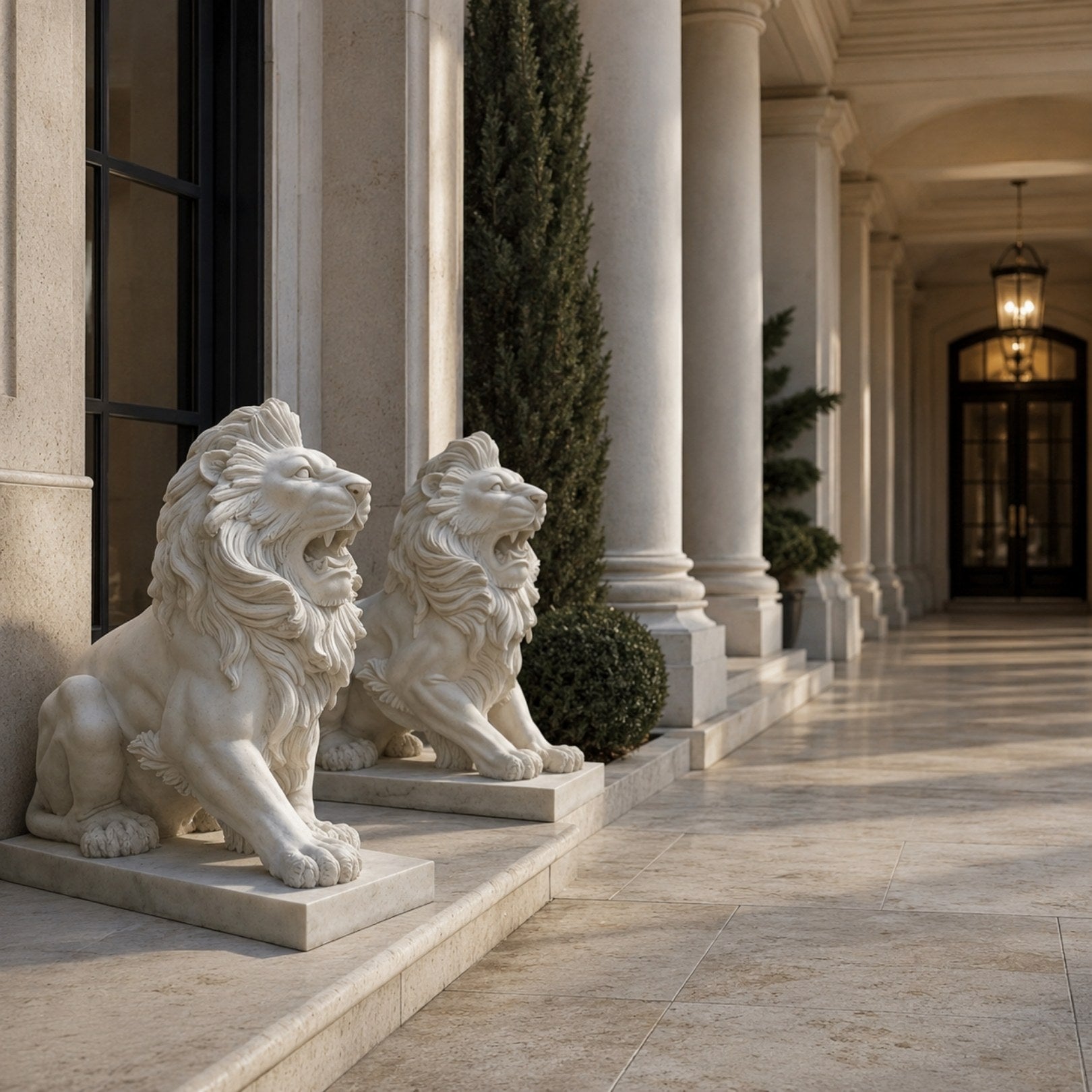 White marble lion roaring with its mane standing up in a crest