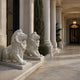 White marble lion roaring with its mane standing up in a crest