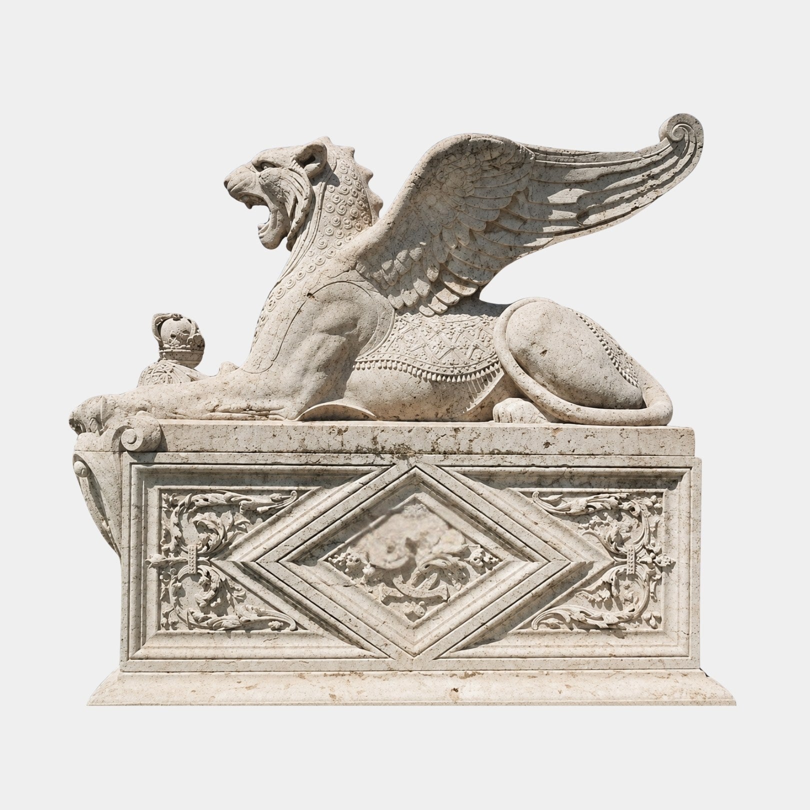 Buff stone winged lion couchant with a raised wing and a crown at its paw