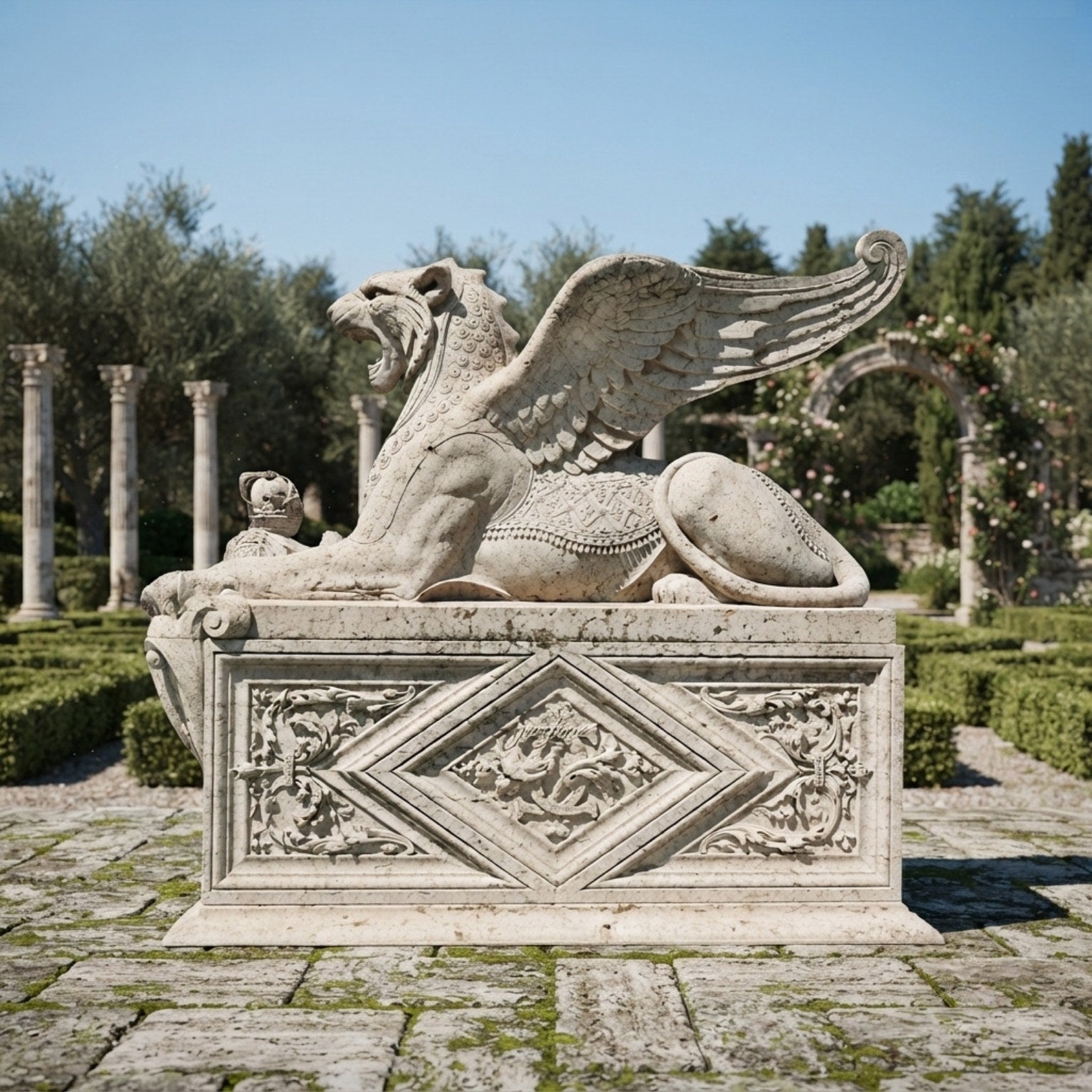 Beige stone winged lion couchant with a crown before its forepaws