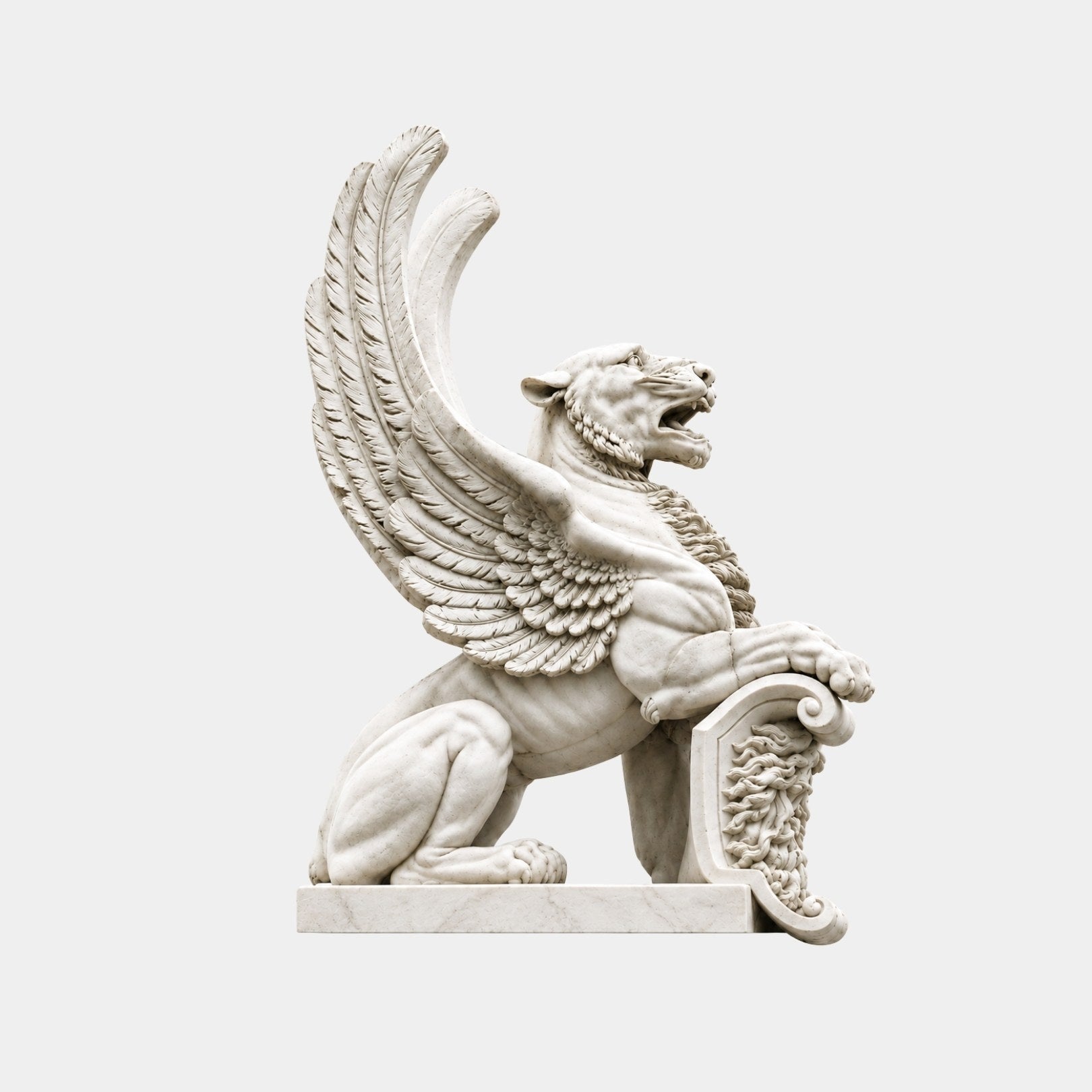 Ivory white marble winged lion seated with one wing raised high