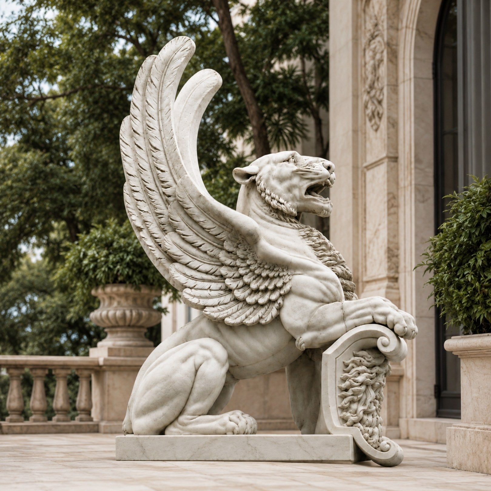 White marble winged lion with one wing raised and a paw on the shield