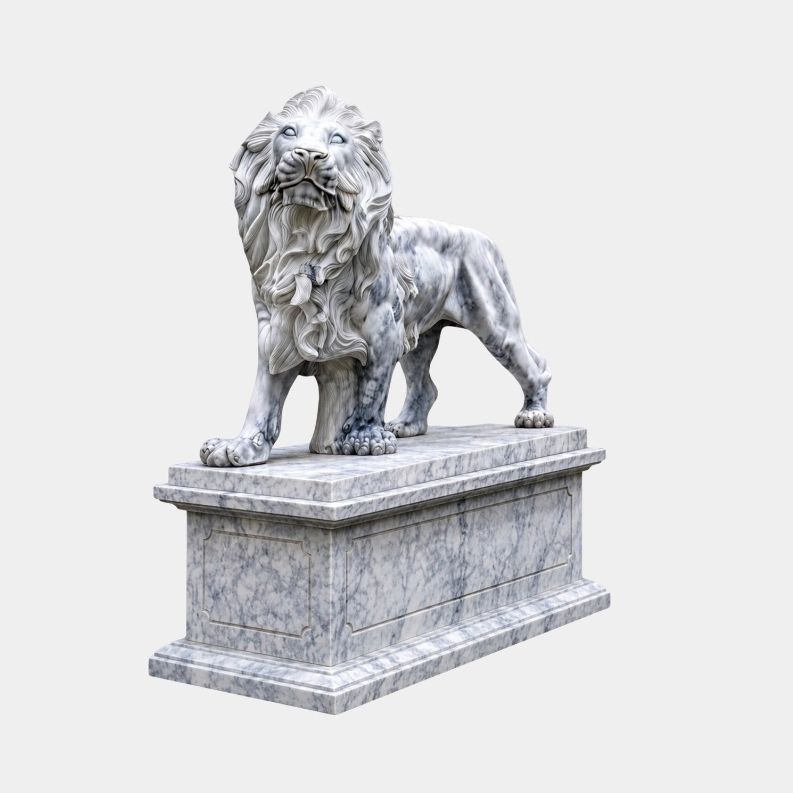 Grey-clouded white marble lion standing on a long moulded pedestal, head raised