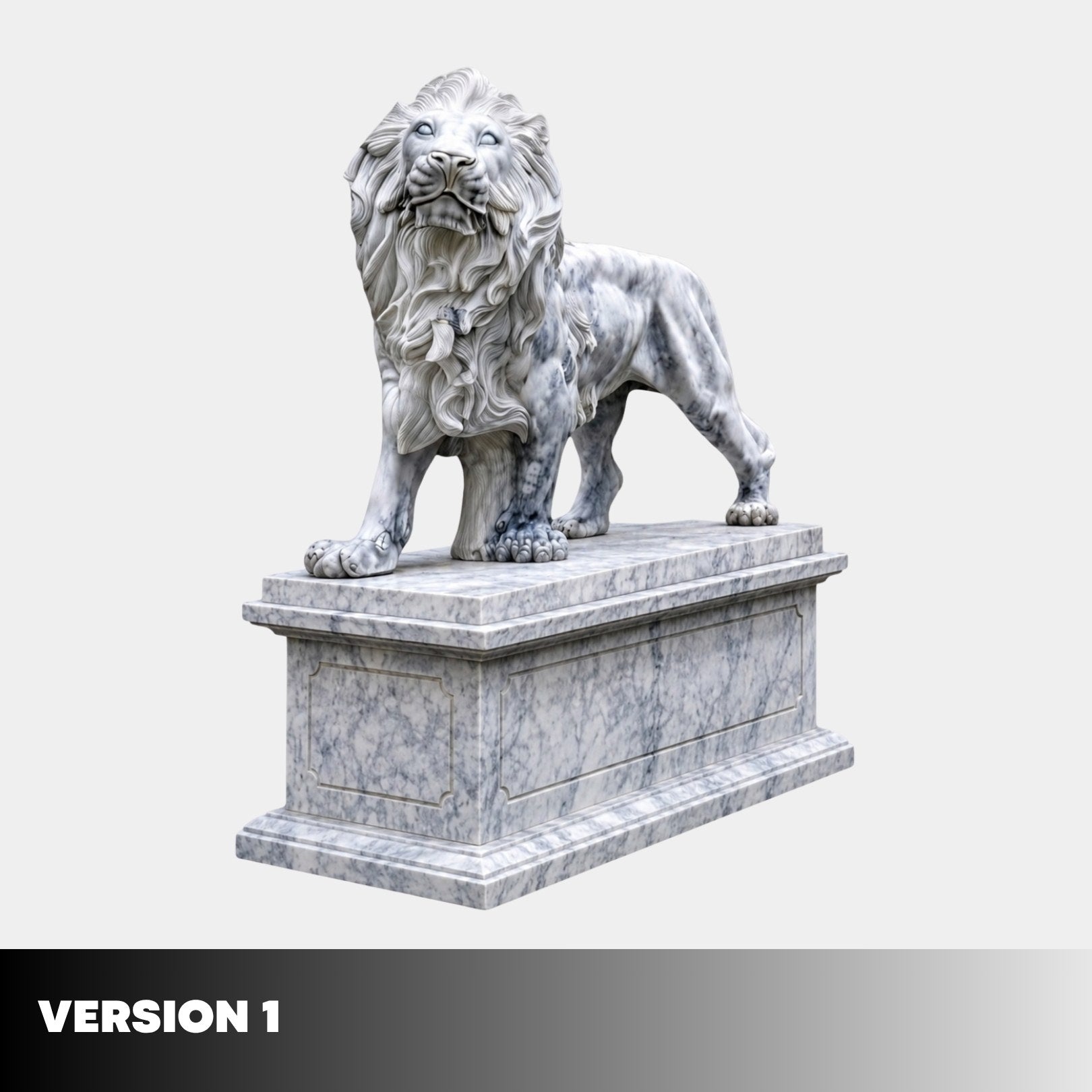 Version 1 of the grey marble lion standing on its plinth, head forward