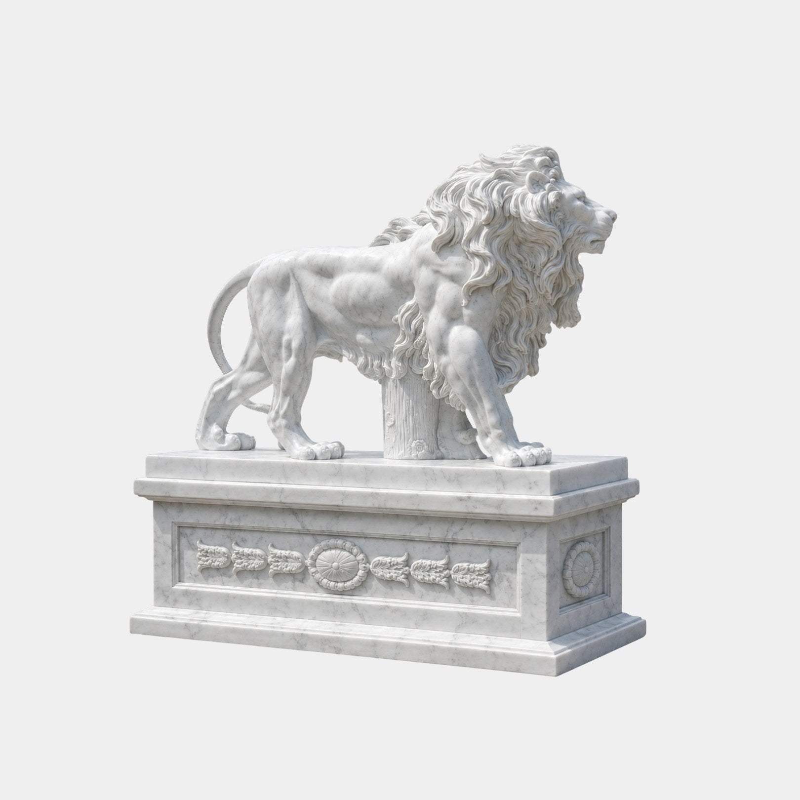 White marble lion standing on a pedestal carved with leaf swags and a rosette