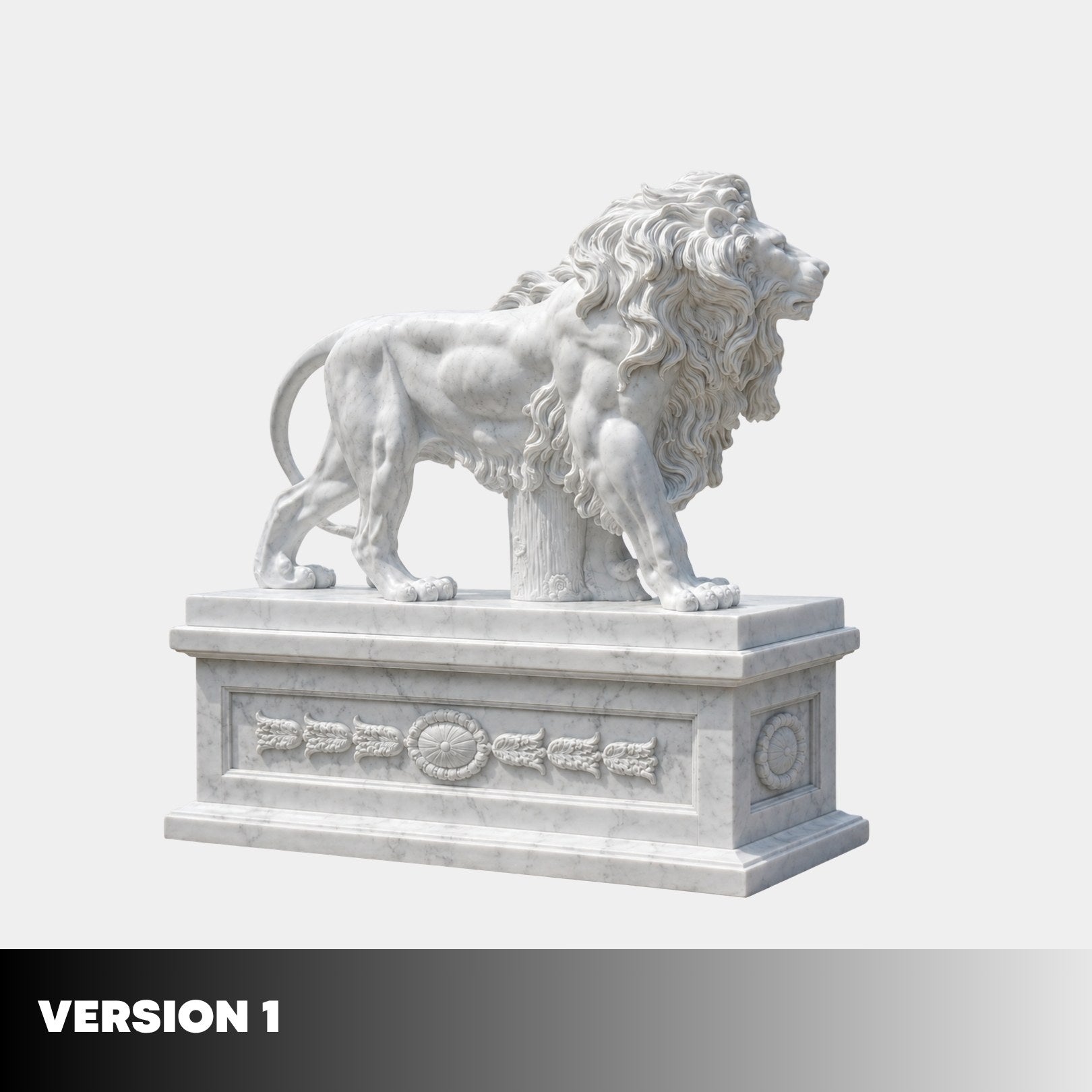 Version 1 of the marble lion on its swagged pedestal, head lower