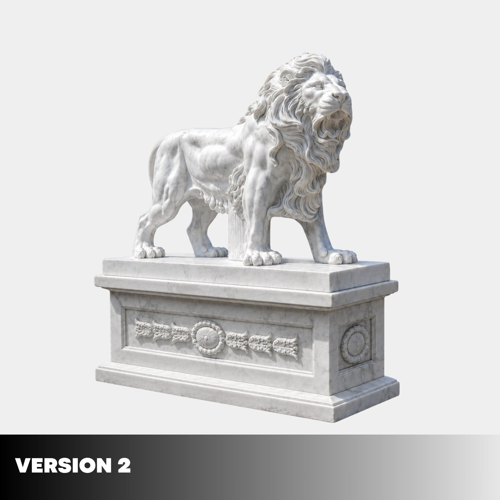 Version 2 of the lion on its swagged pedestal, head higher and squarer on