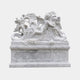 White marble couchant lion with a winged cherub climbing its shoulder