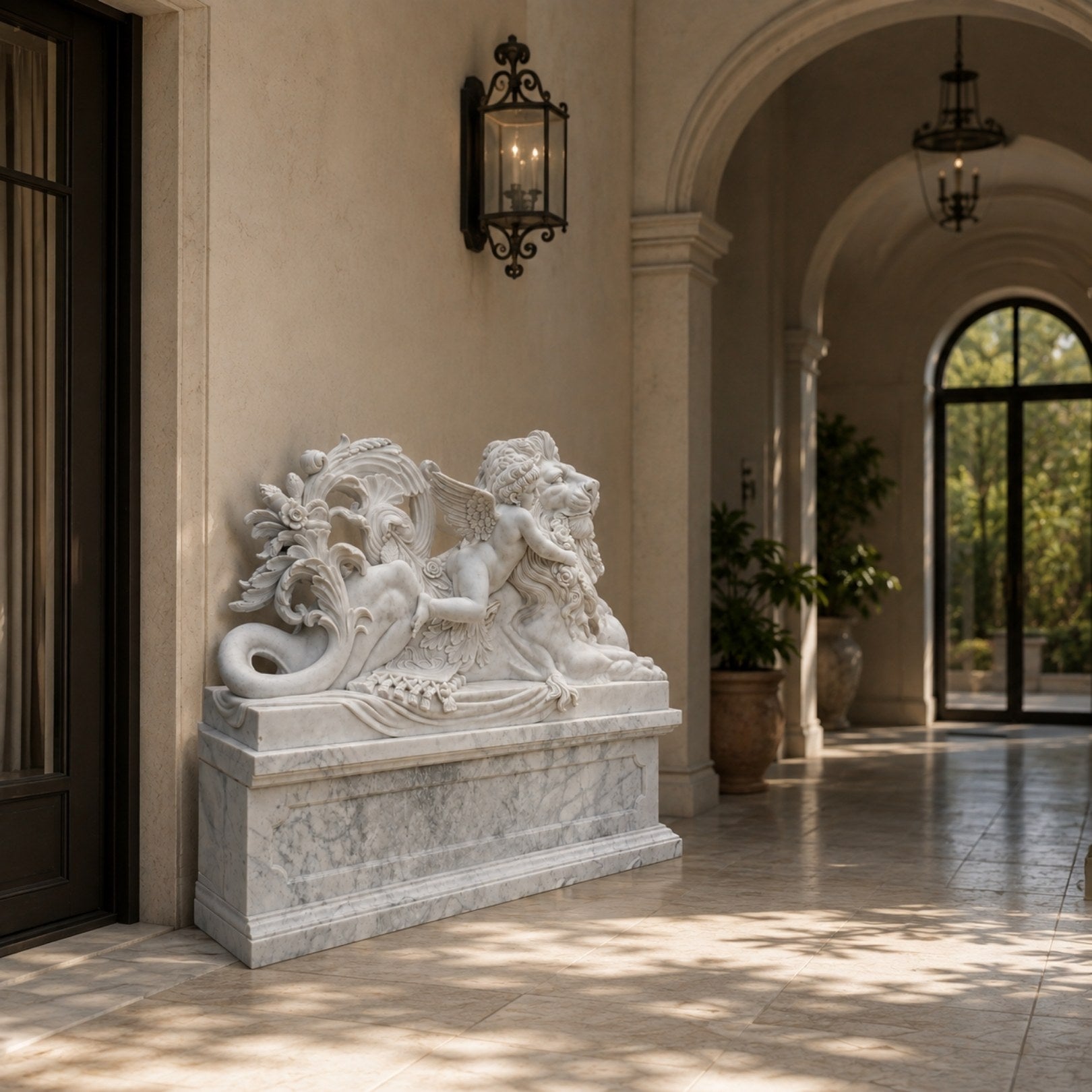 White marble lion couchant with a winged cherub against its shoulder