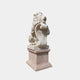 White marble lion seated behind a scrolled cartouche on a pink pedestal