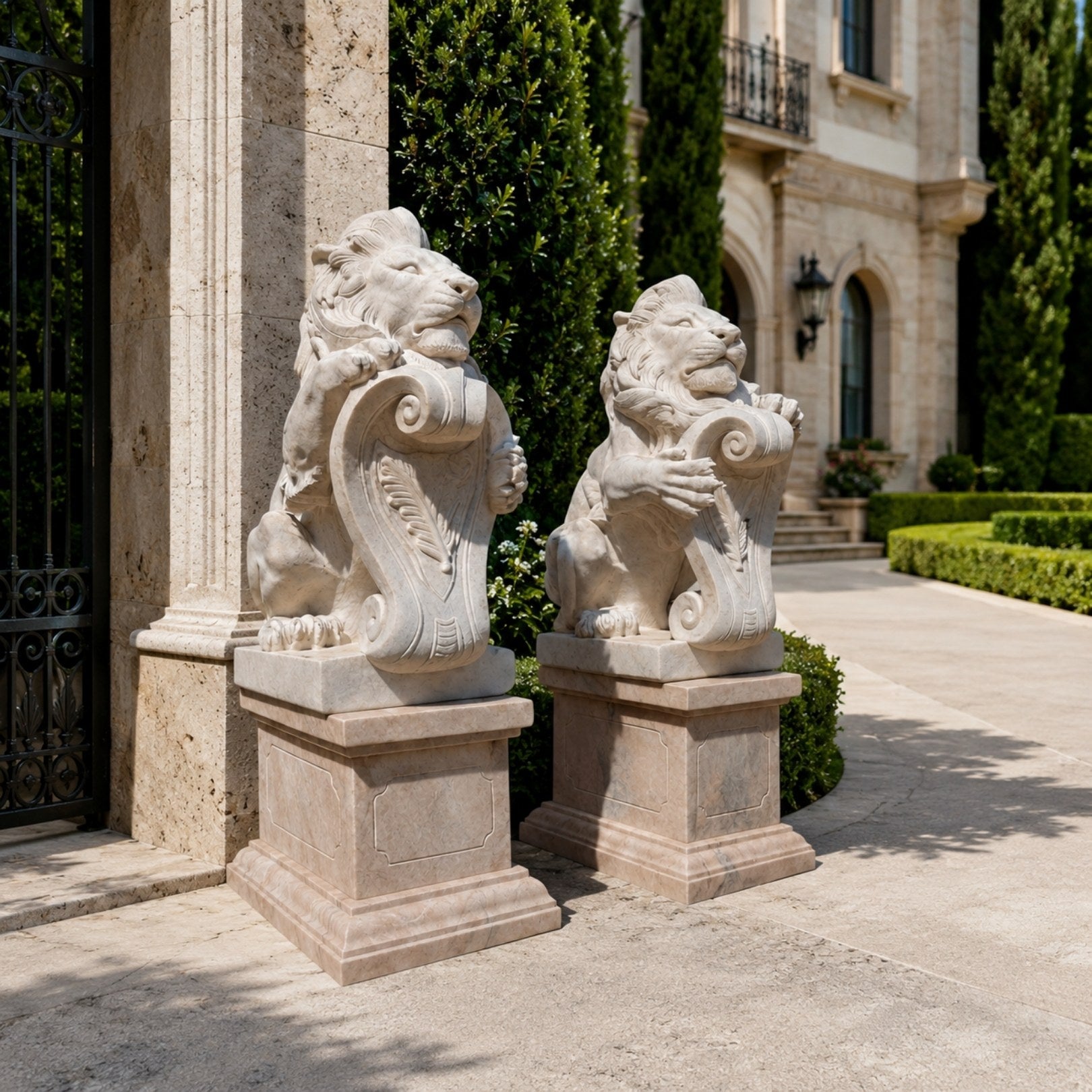 The two marble lions with their cartouches on pink pedestals by a gate