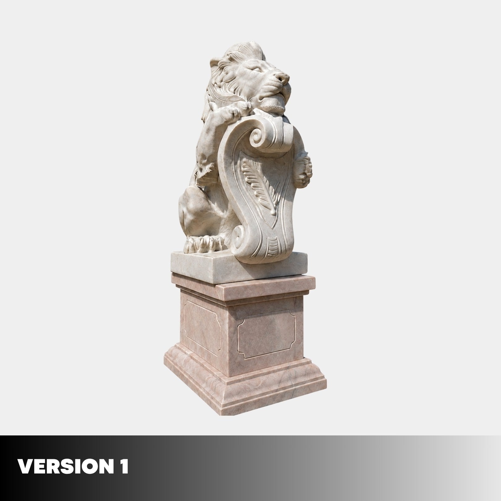 Version 1 of the lion and cartouche on its pink pedestal, front facing