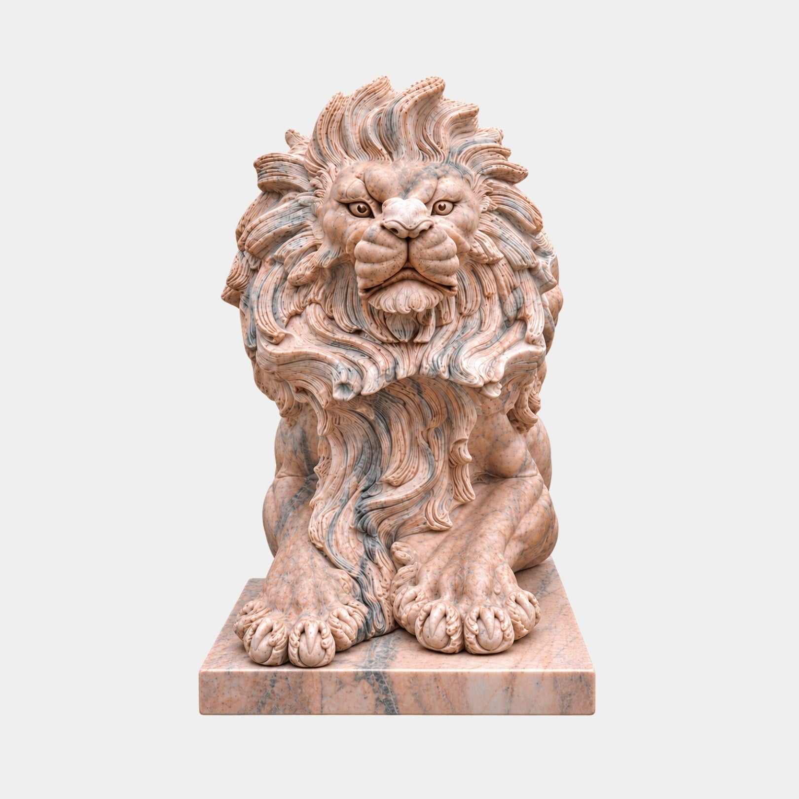 Pink veined marble lion seated frontally with a broad mane ruff, jaws closed