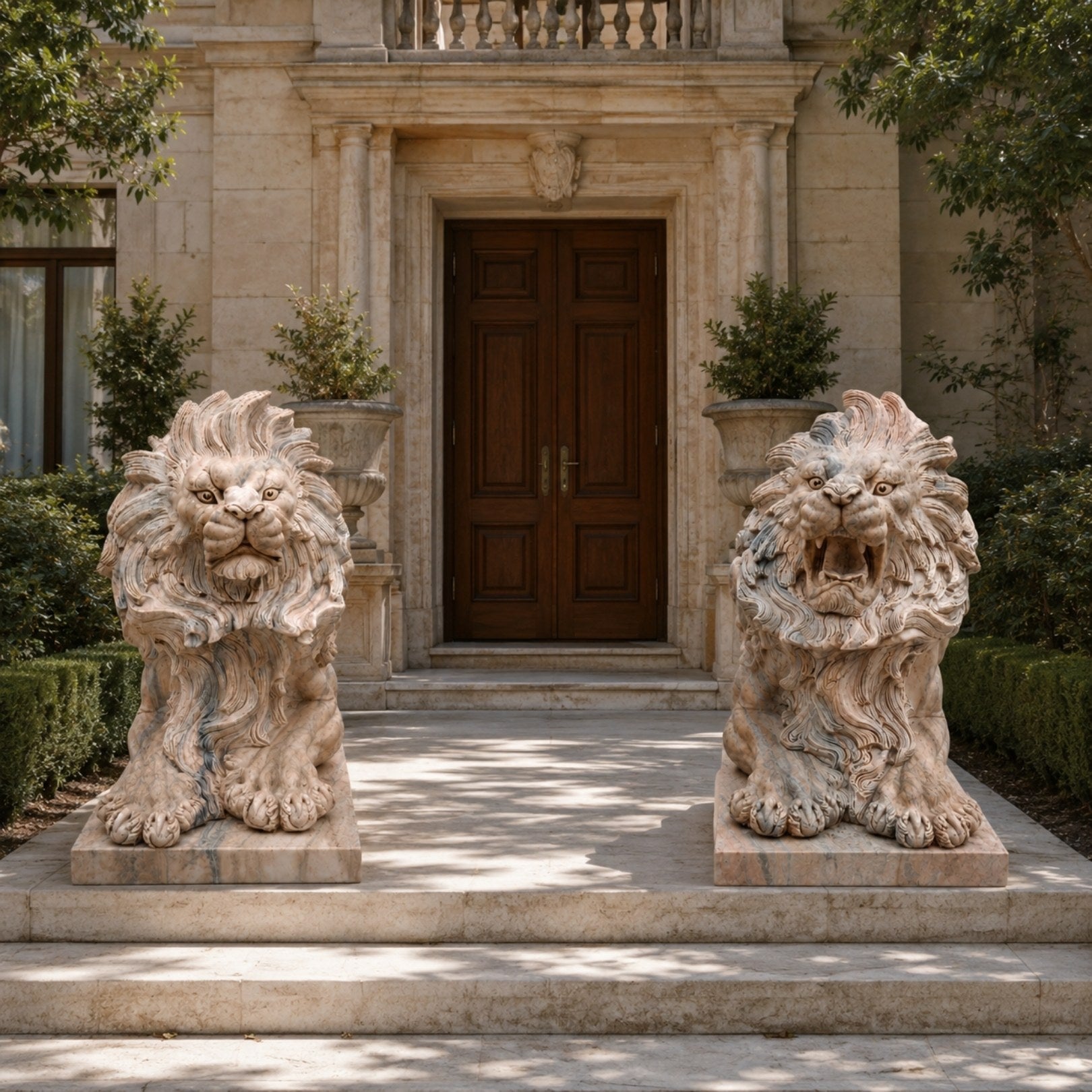 The two veined pink marble lions seated either side of a panelled door
