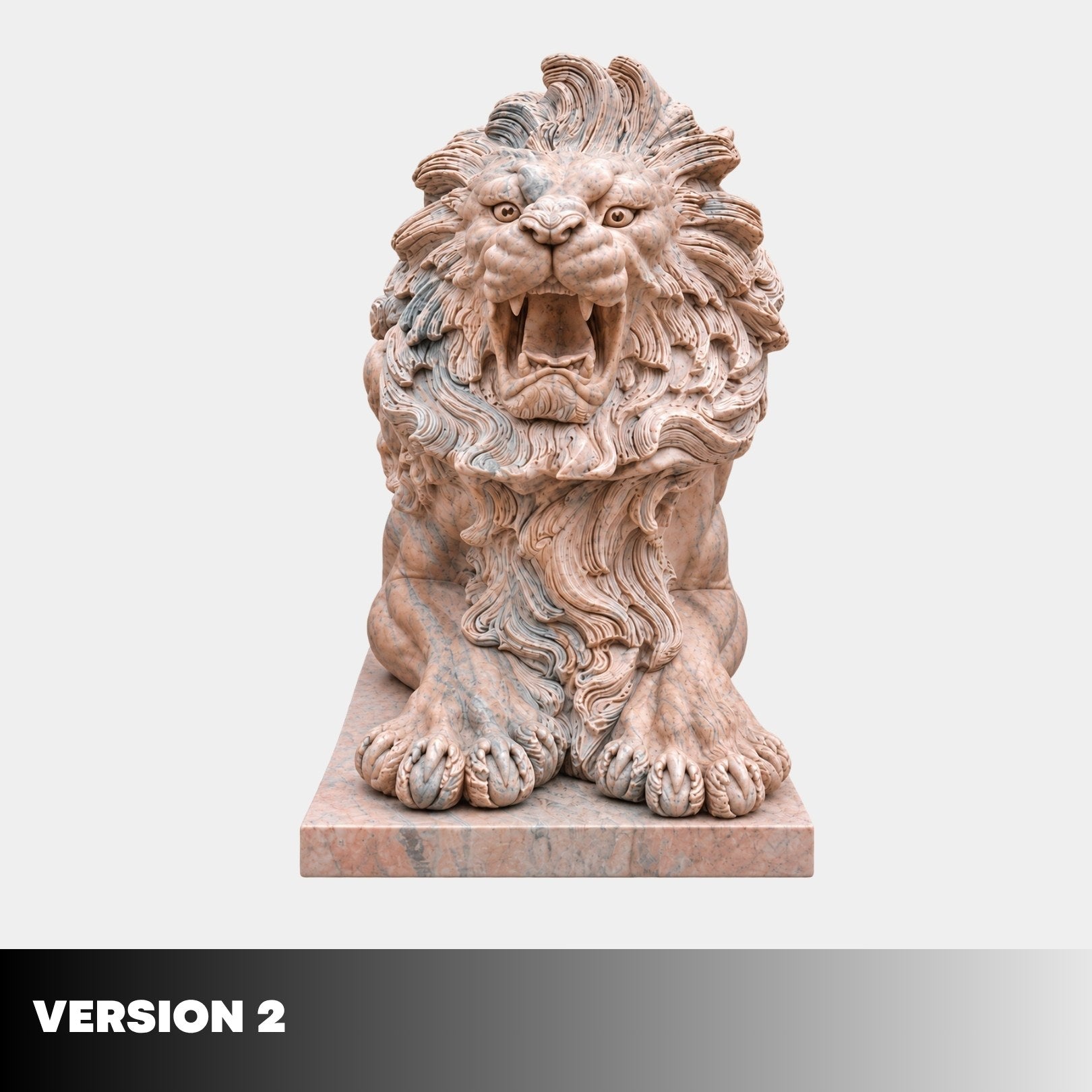 Version 2 of the seated pink marble lion, roaring with the mouth open
