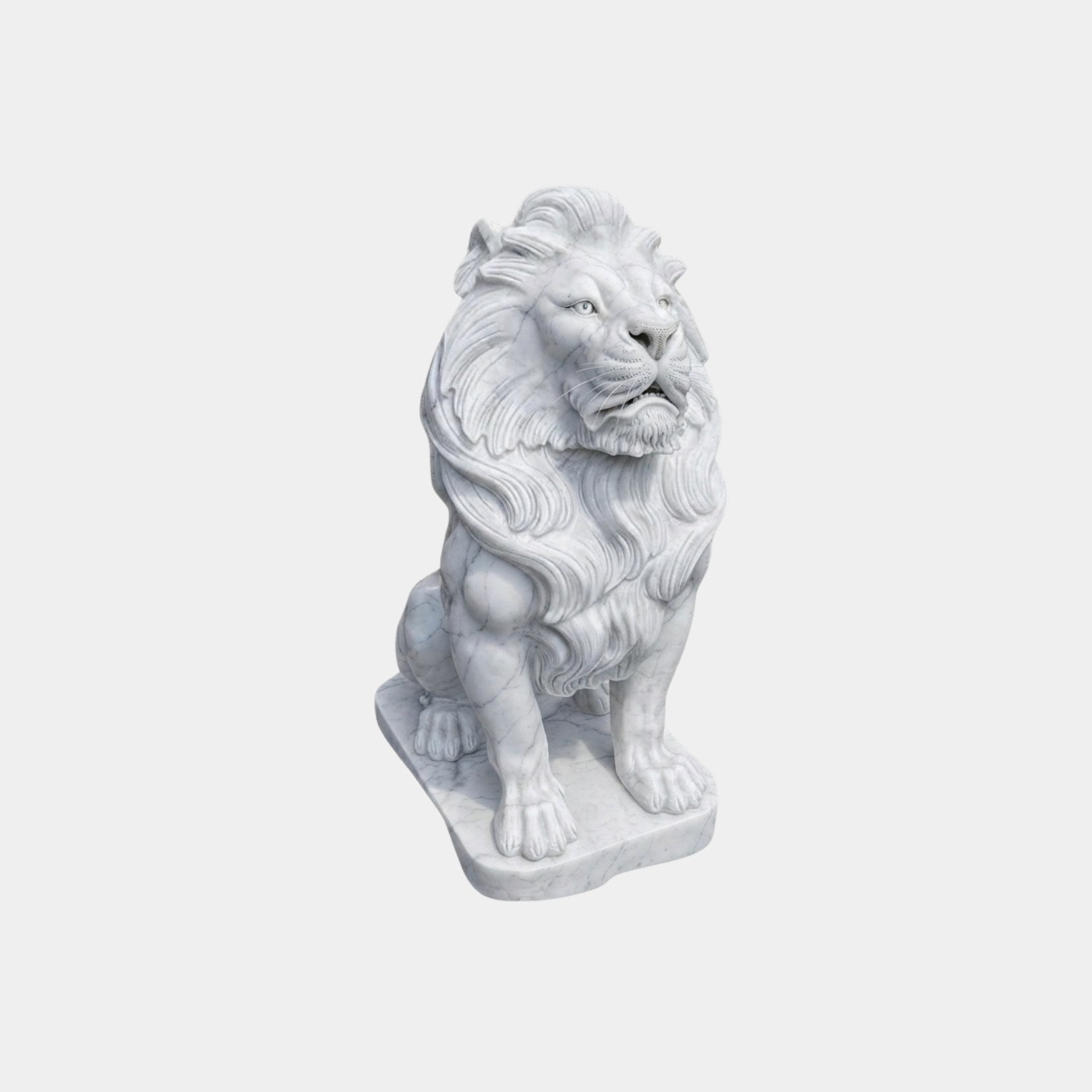 White marble lion seated with head raised on an irregular slab