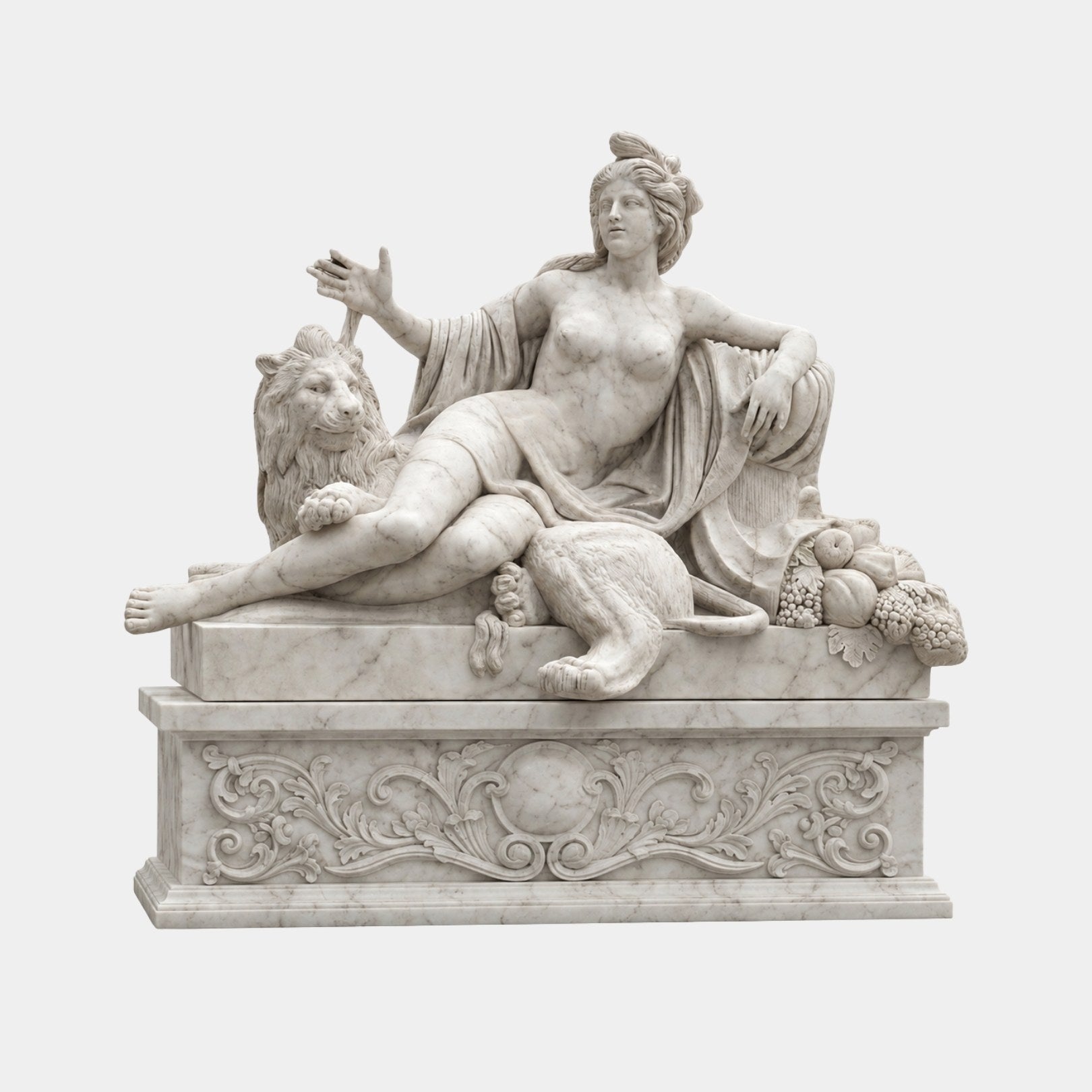 White marble reclining woman leaning against a lion with heaped fruit