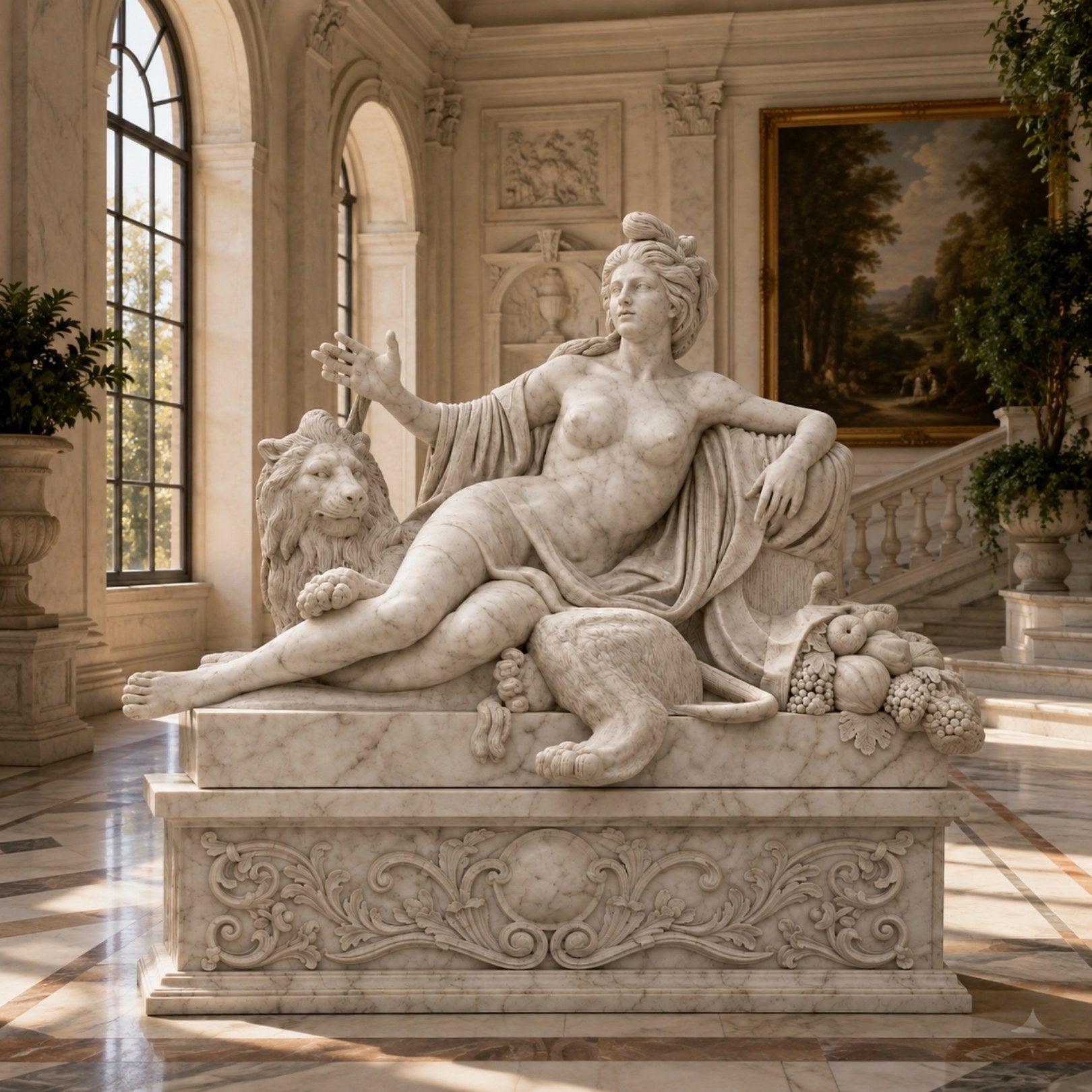 White marble woman reclining with a lion behind her and fruit at her side