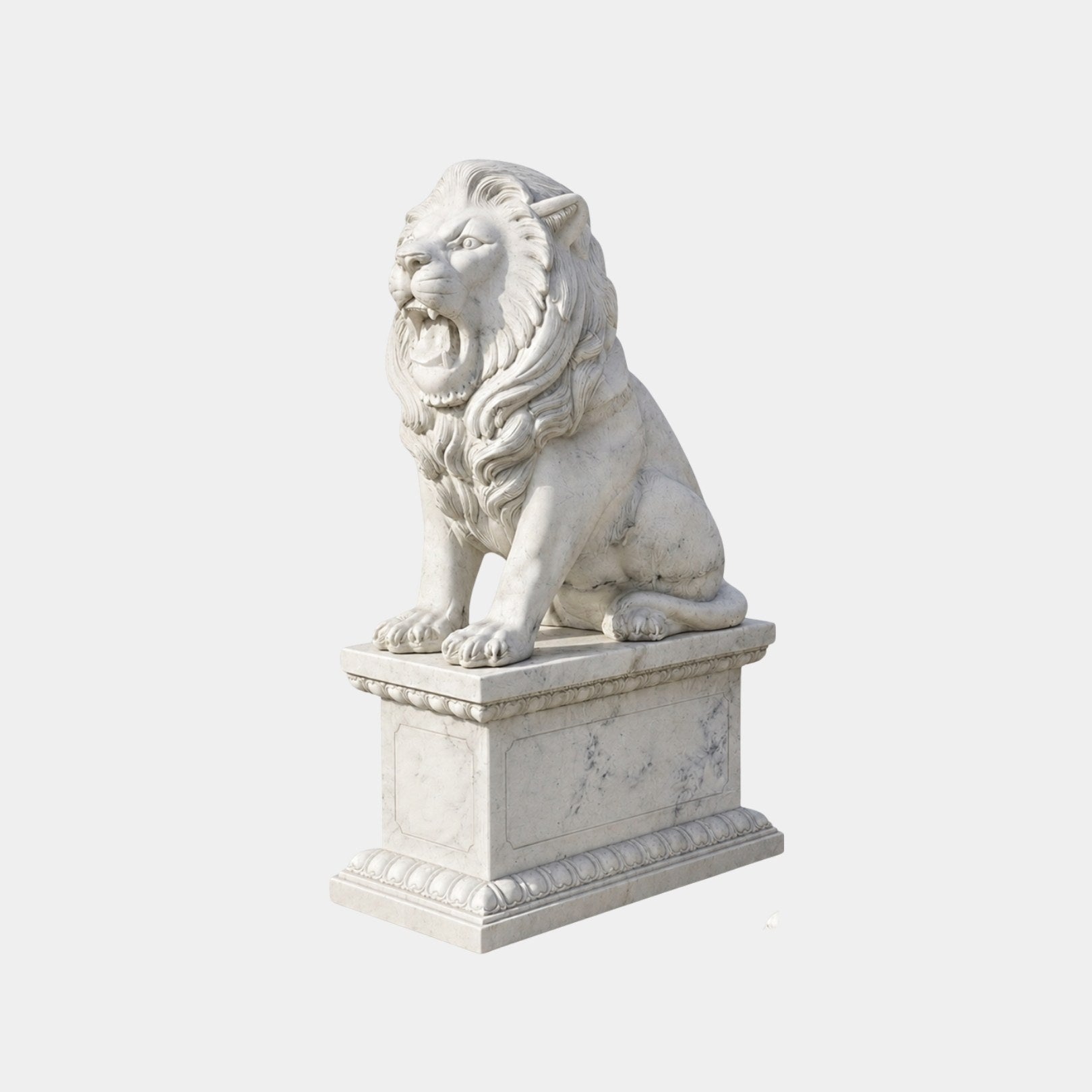 White marble lion seated and roaring on a gadrooned pedestal