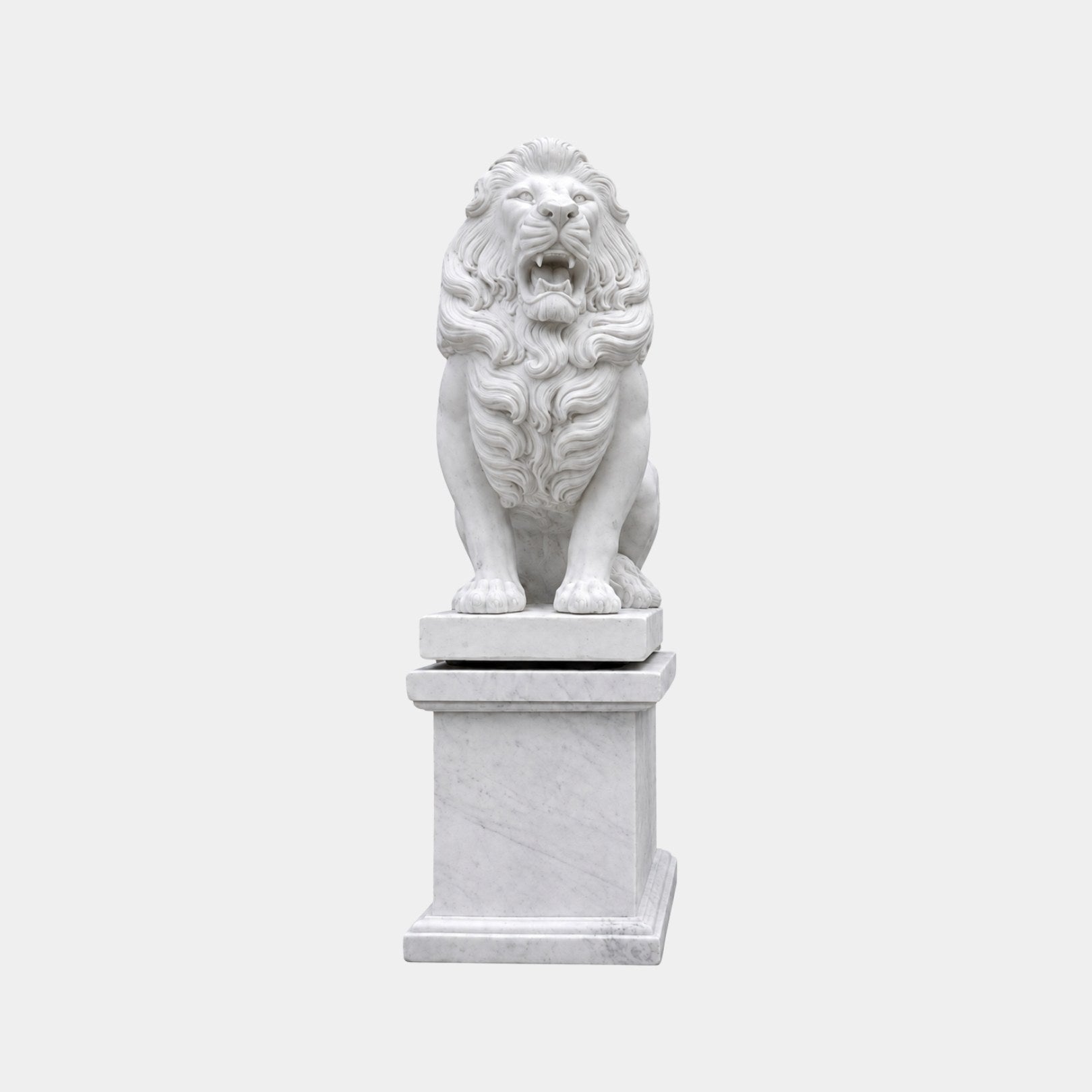 White marble lion seated and roaring high on a tall plain pedestal