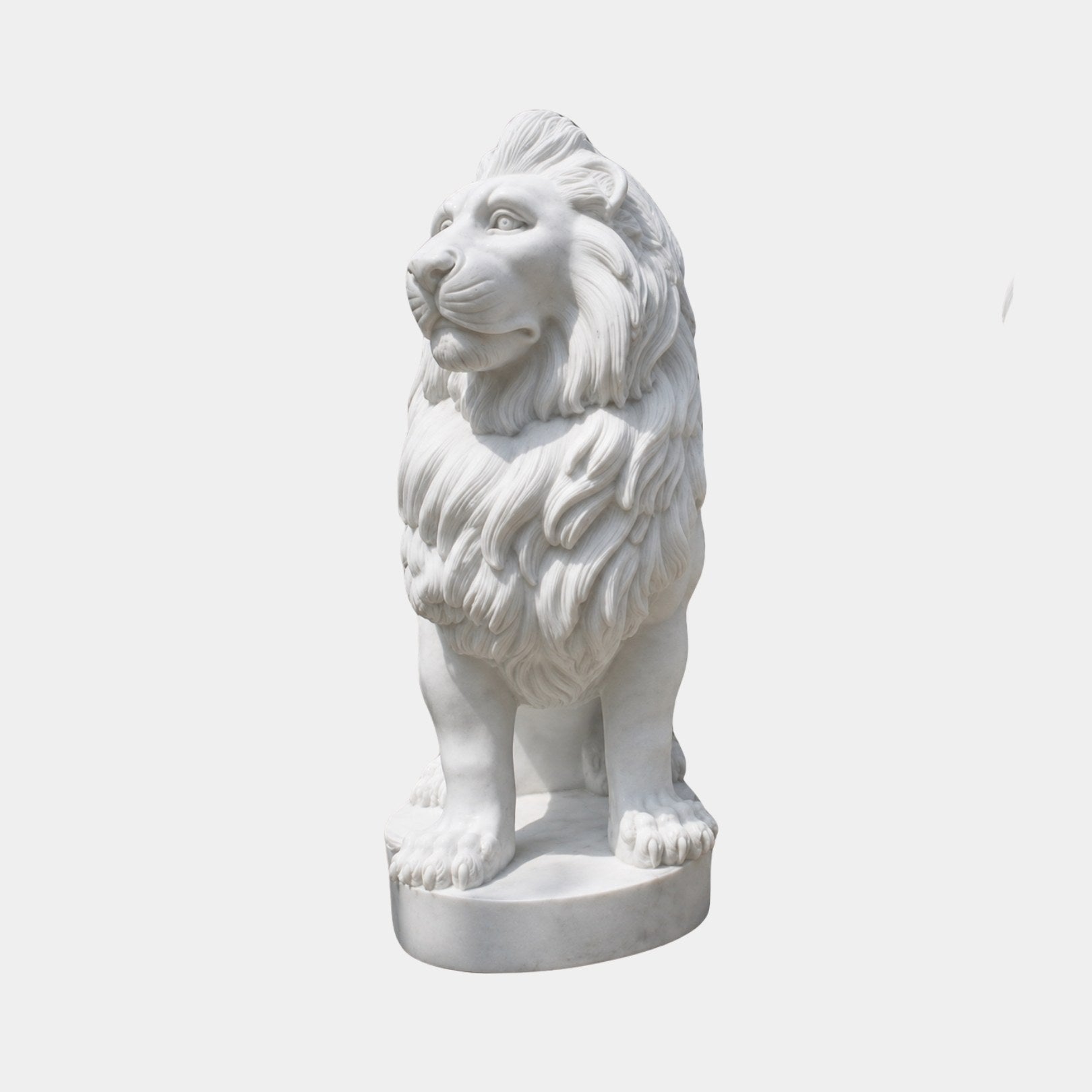 White marble lion standing with a mane cut in broad flat lobes