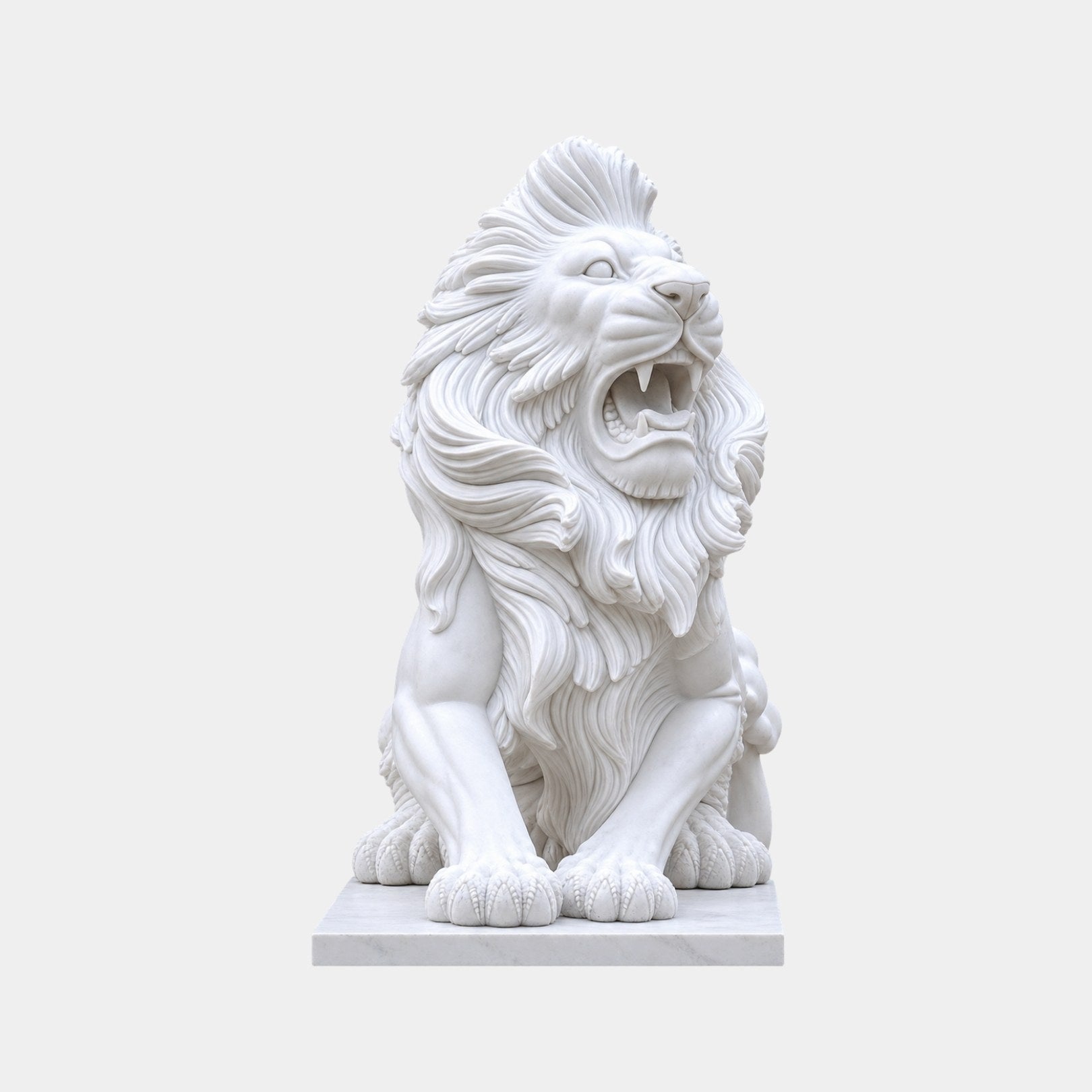 White marble lion seated and roaring with its forepaws spread on a flat slab