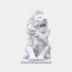 White marble lion seated and roaring with its forepaws spread on a flat slab