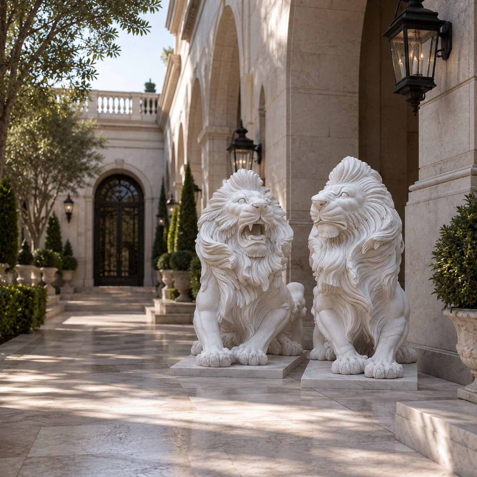 The two seated marble lions with forepaws spread along a colonnade