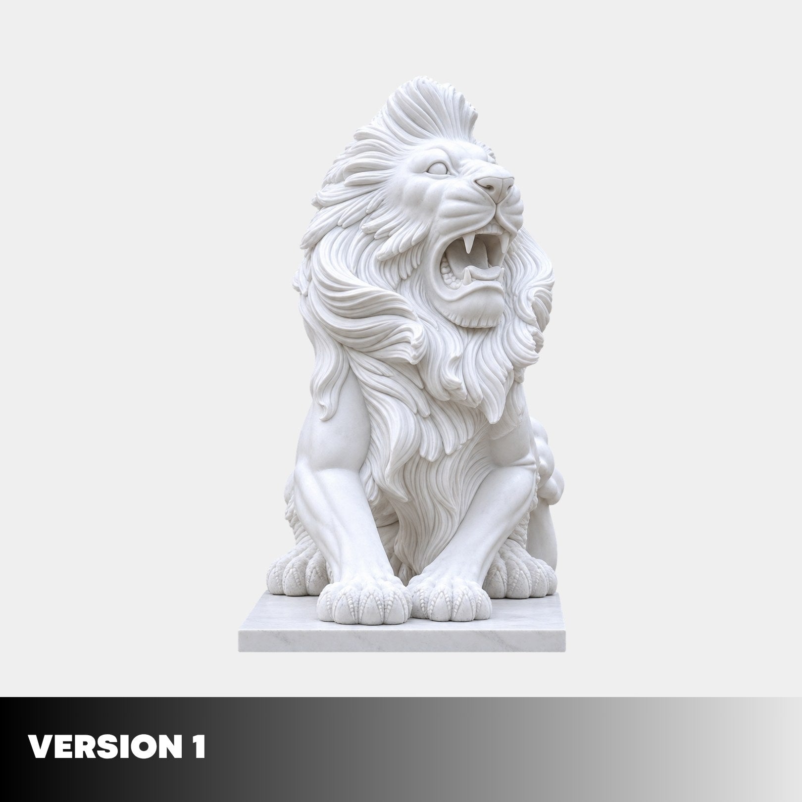 Version 1 of the seated marble lion, head turned to one side