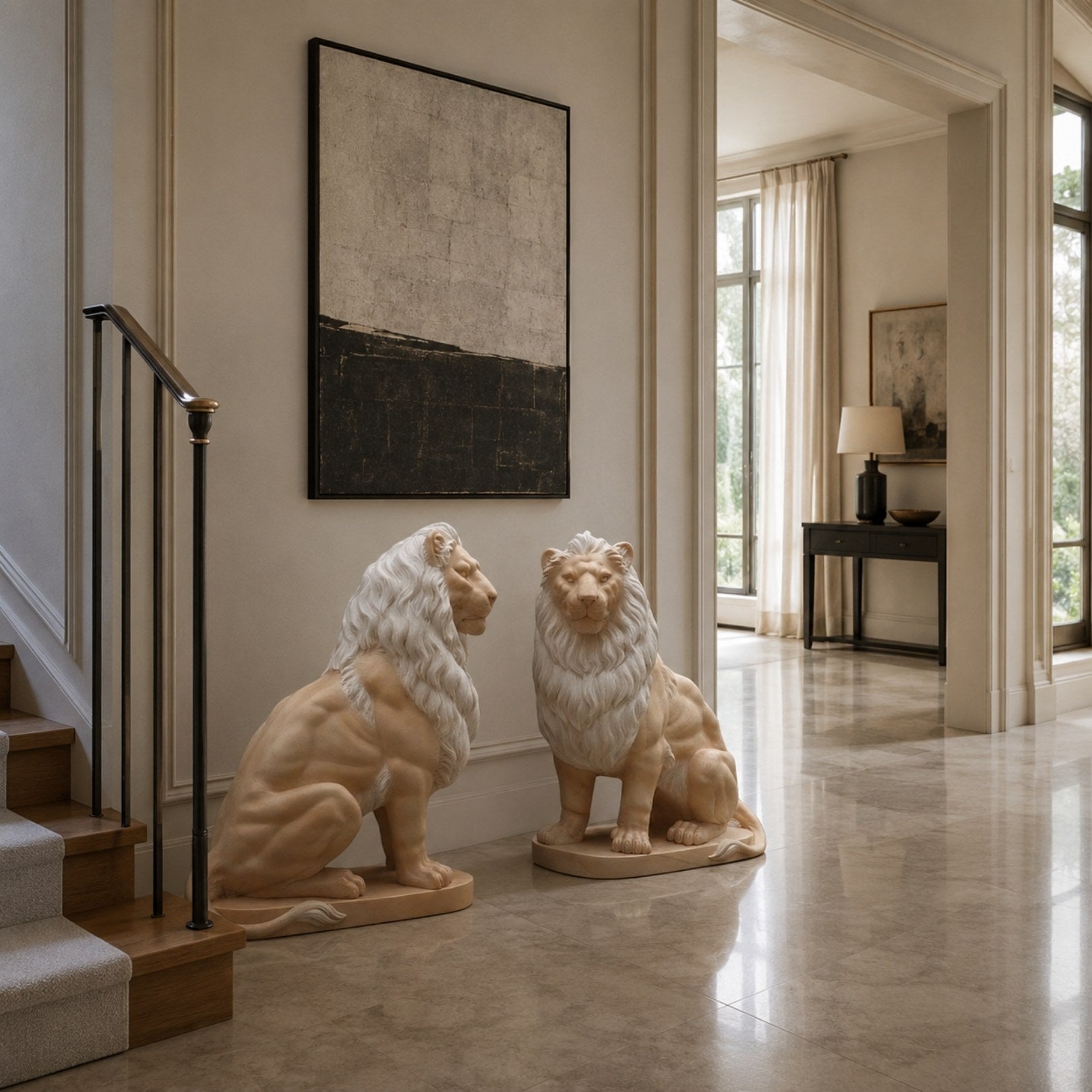Two-tone pink marble lion with a cream mane, seated on its oval base