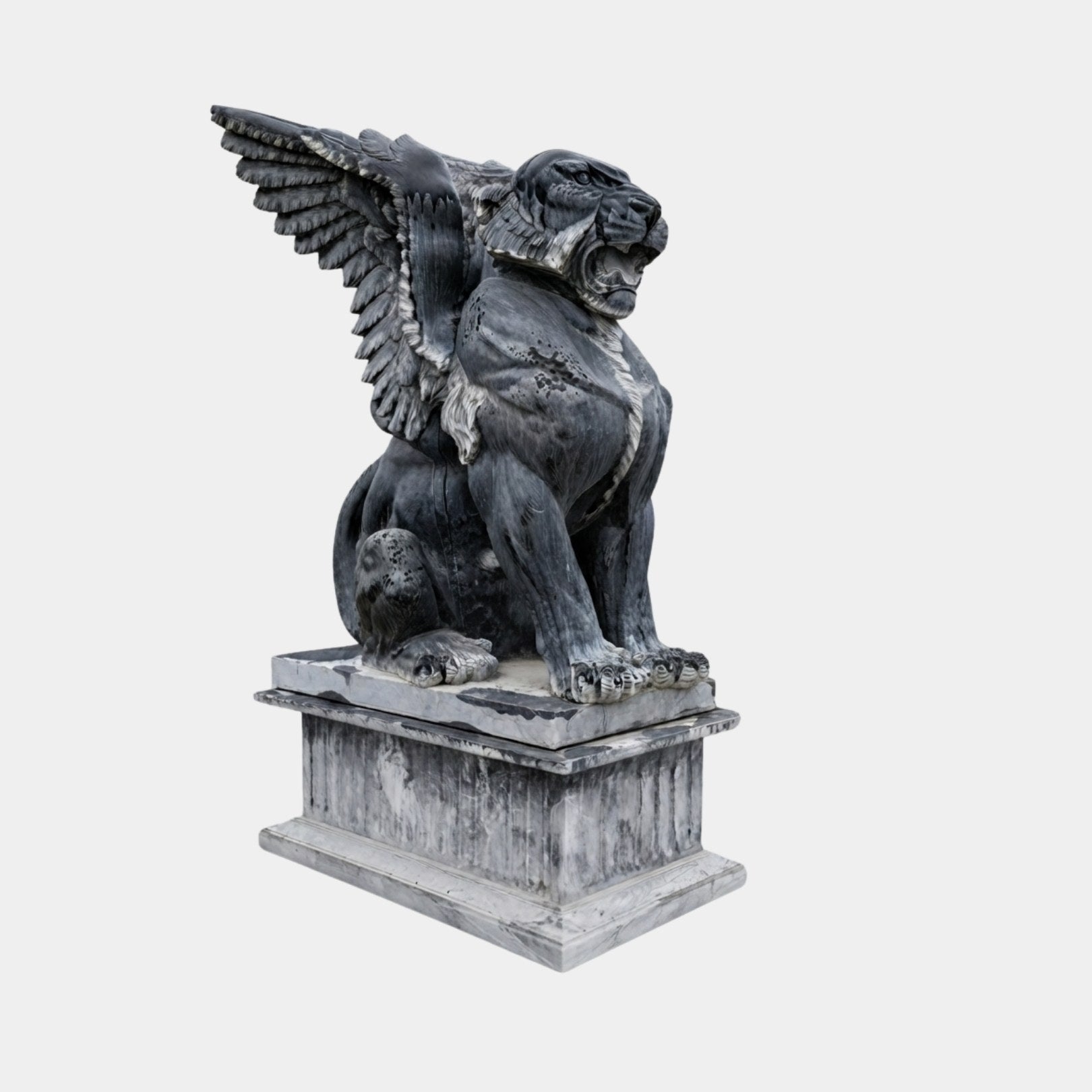 Black marble winged lion seated on a fluted pale grey pedestal