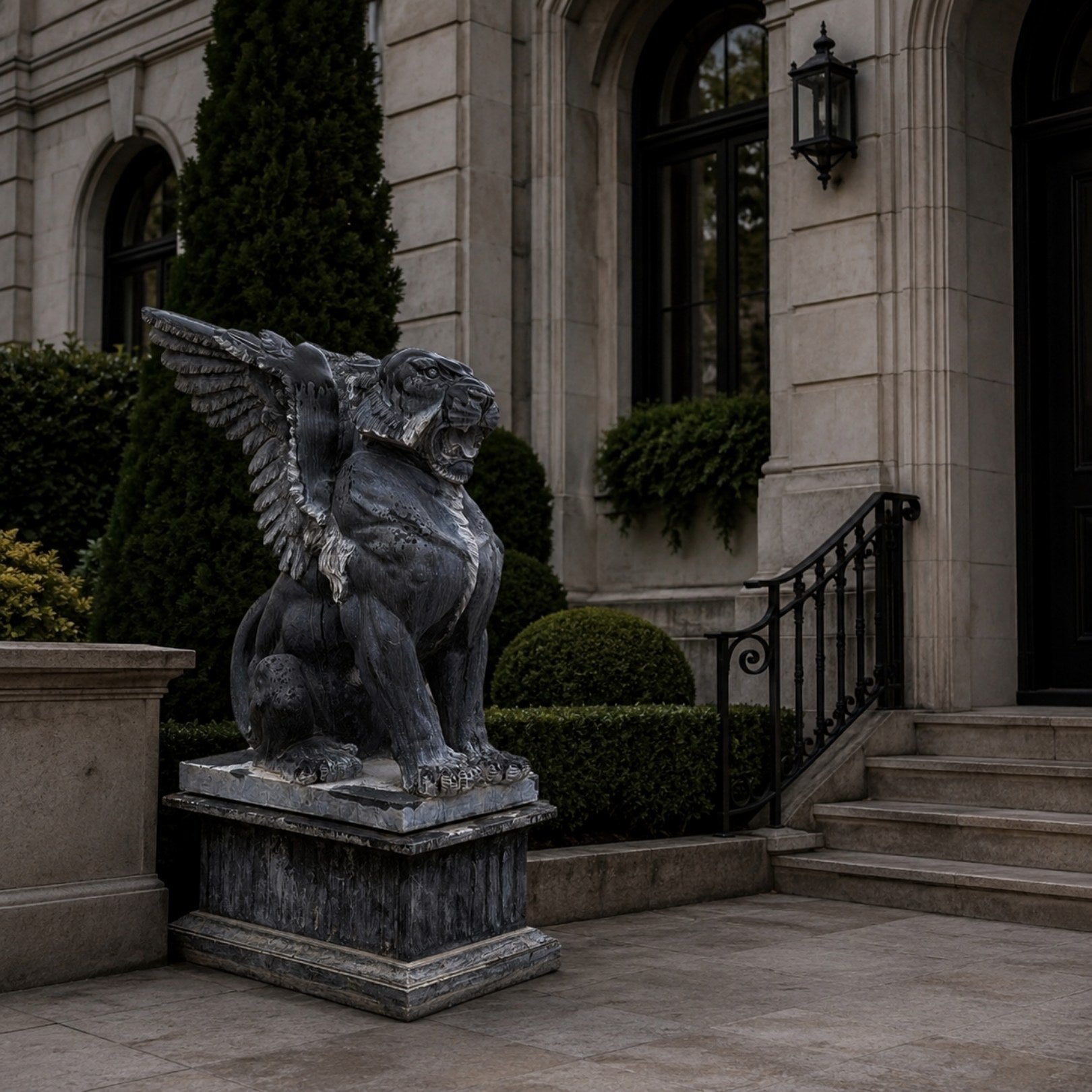 Black marble winged lion seated with one wing raised