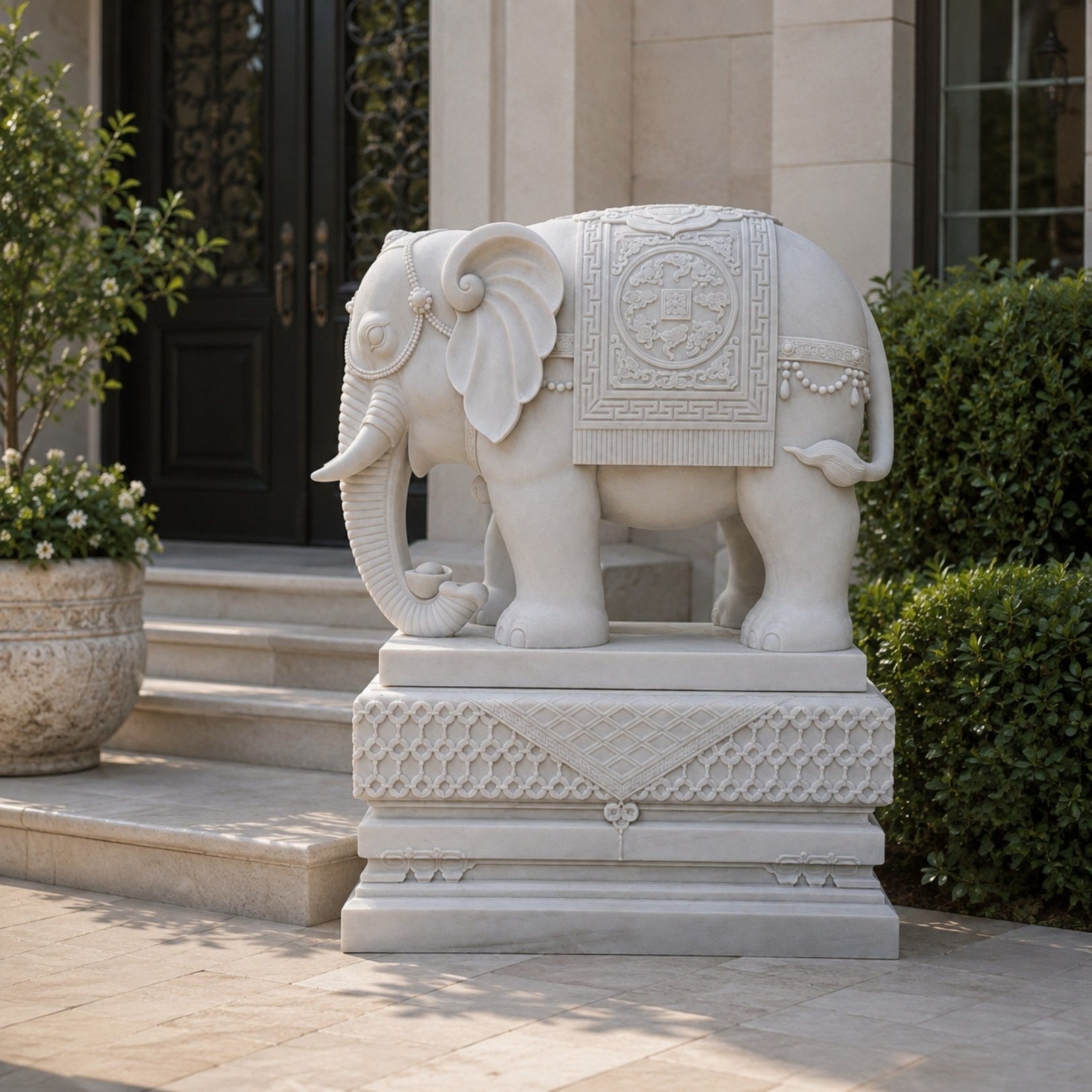 White marble elephant with a key-fret saddle-cloth and beaded headdress