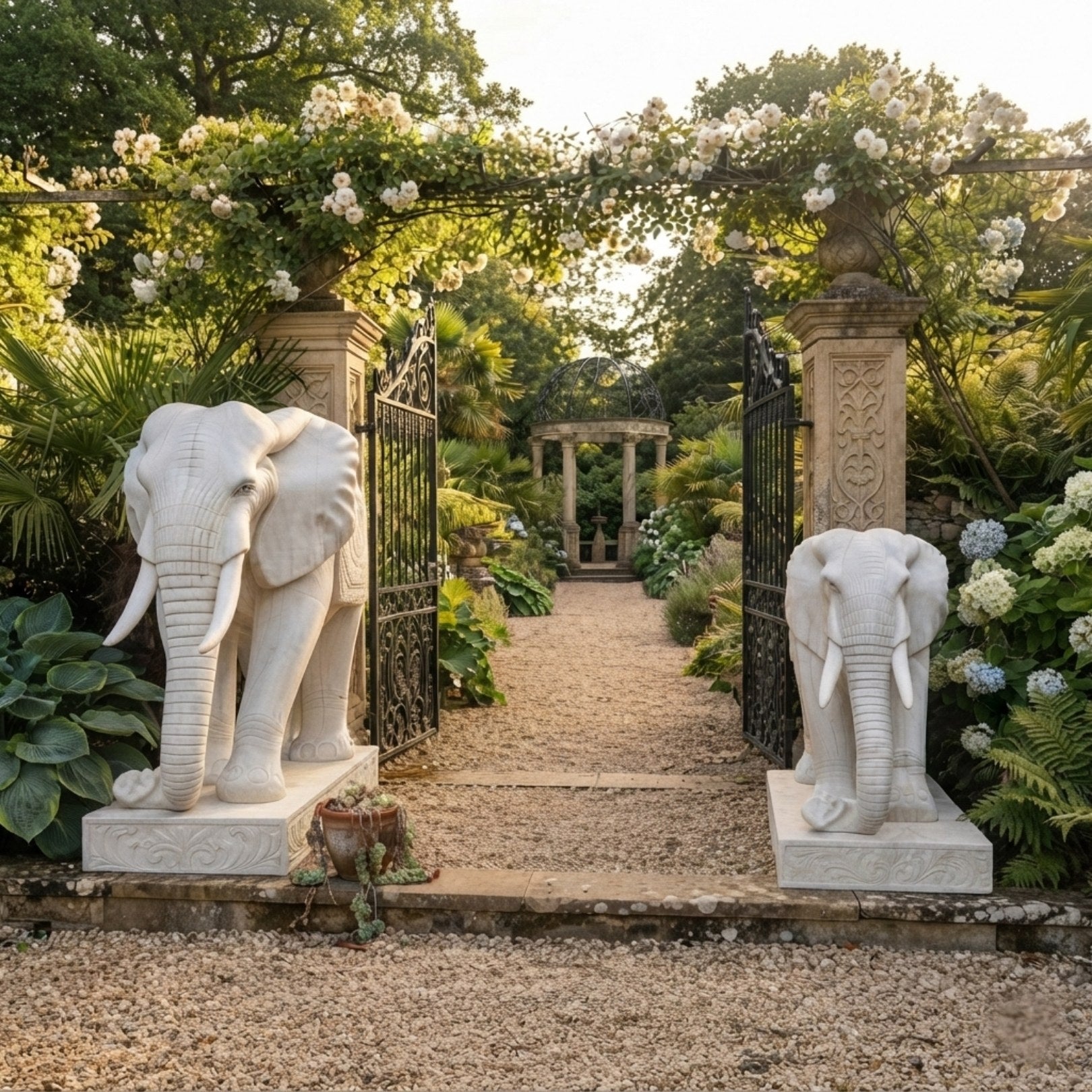 White marble elephant, naturalistic and unadorned, trunk curling to the base