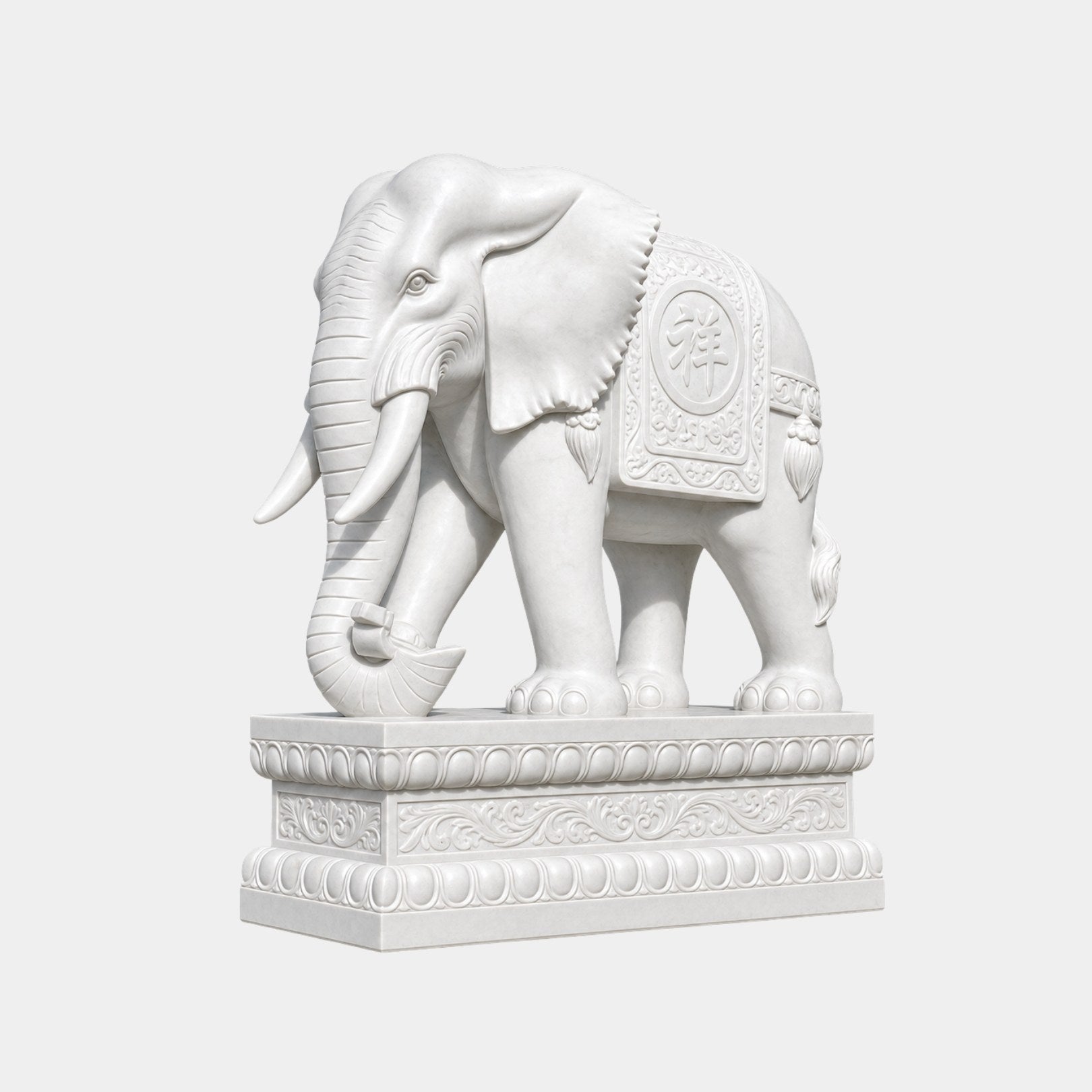 White marble elephant with a Chinese character in its saddle-cloth roundel