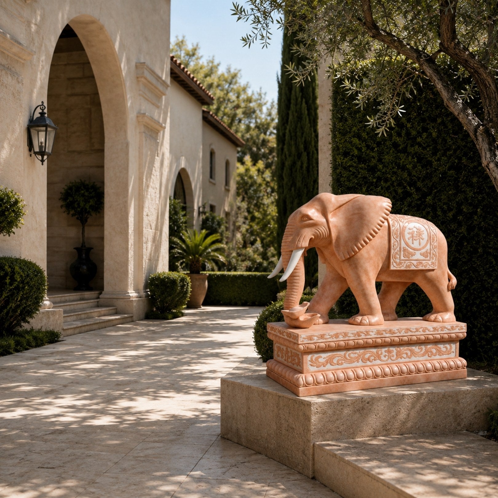 Salmon pink marble elephant with white tusks and a carved cloth roundel