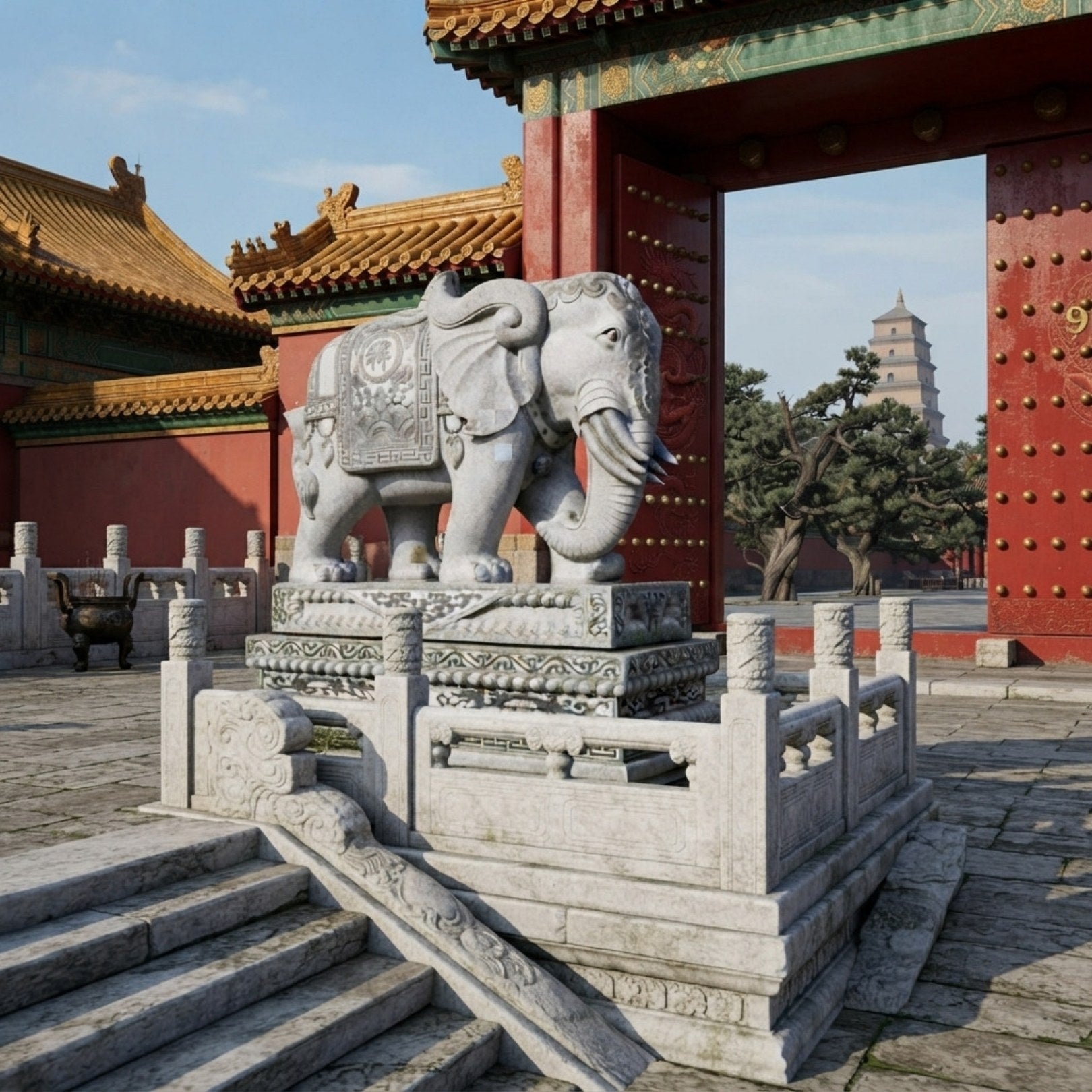 Grey granite elephant, caparisoned, in a Chinese palace courtyard