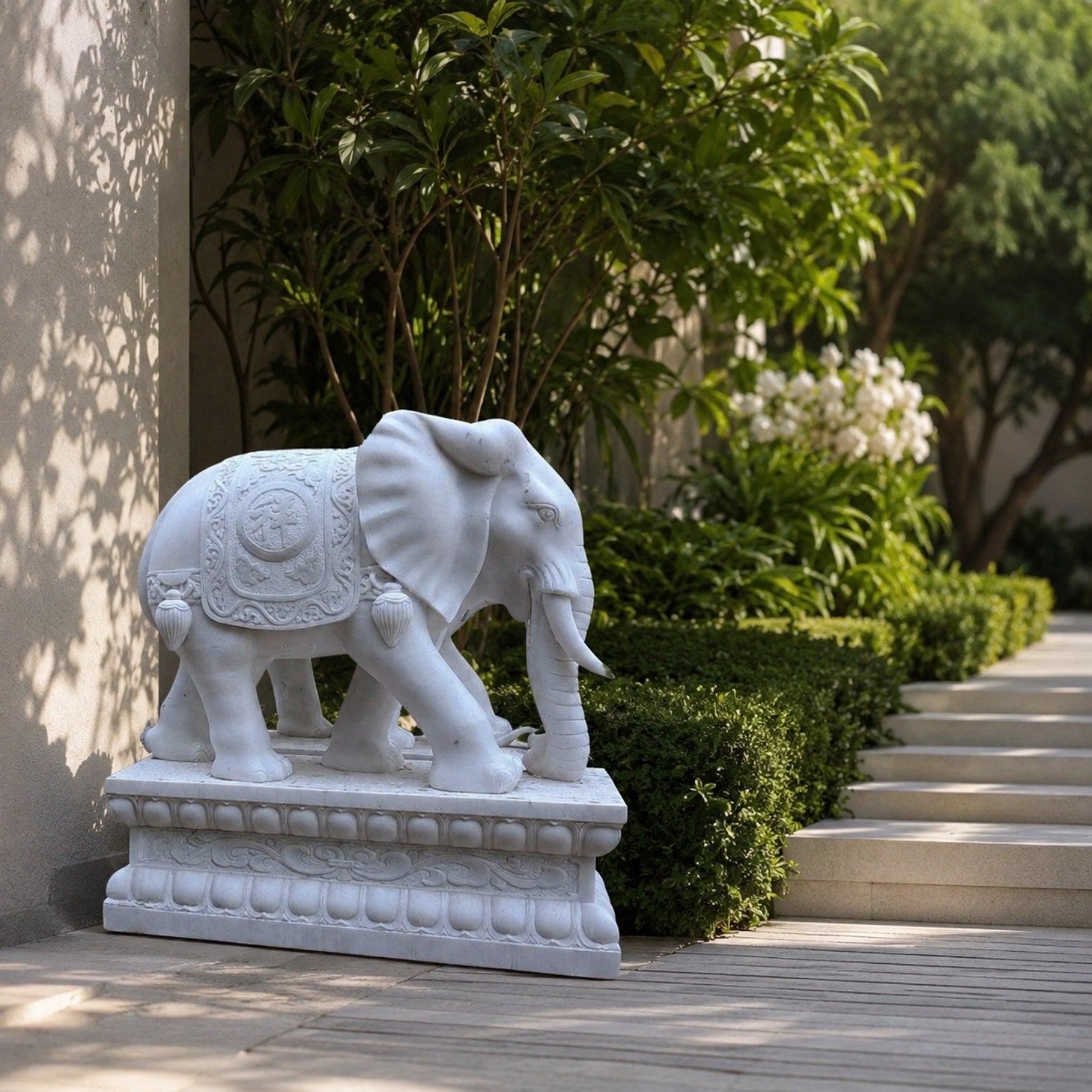 White marble elephant with a cloud-scroll saddle-cloth and corner tassels