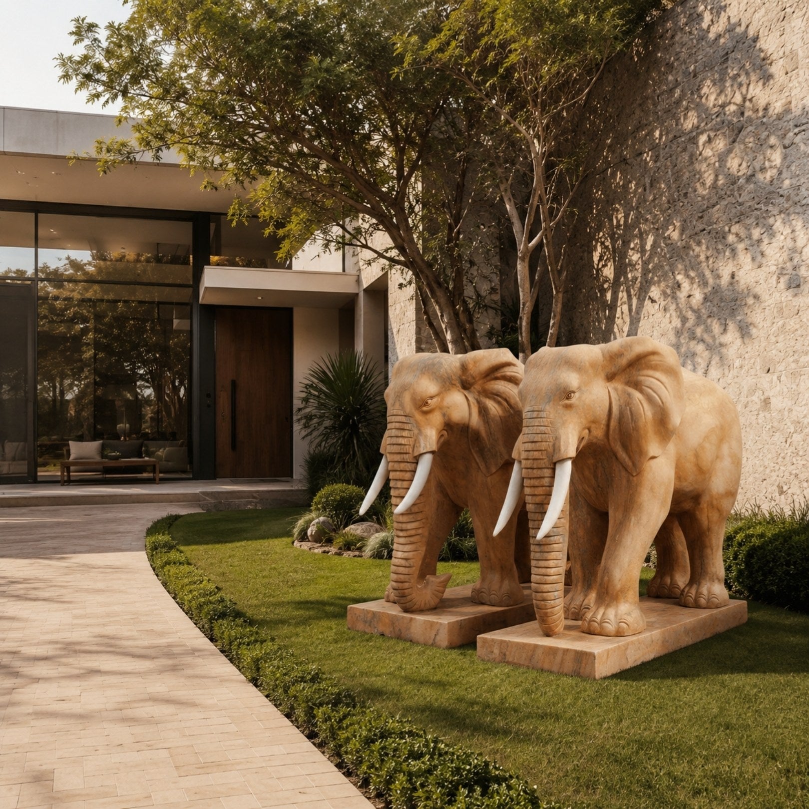 Apricot marble elephant, unadorned, with white tusks on its plain slab