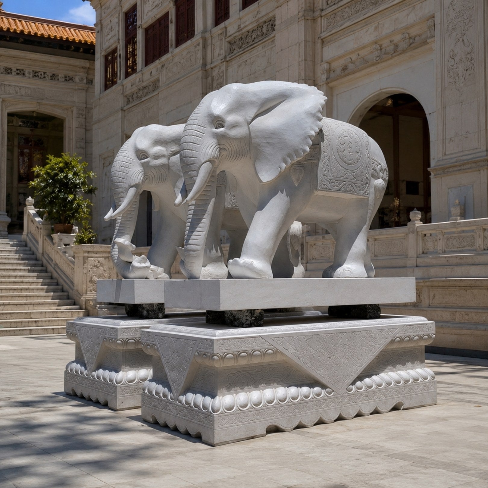 White marble caparisoned elephant on its carved pedestal