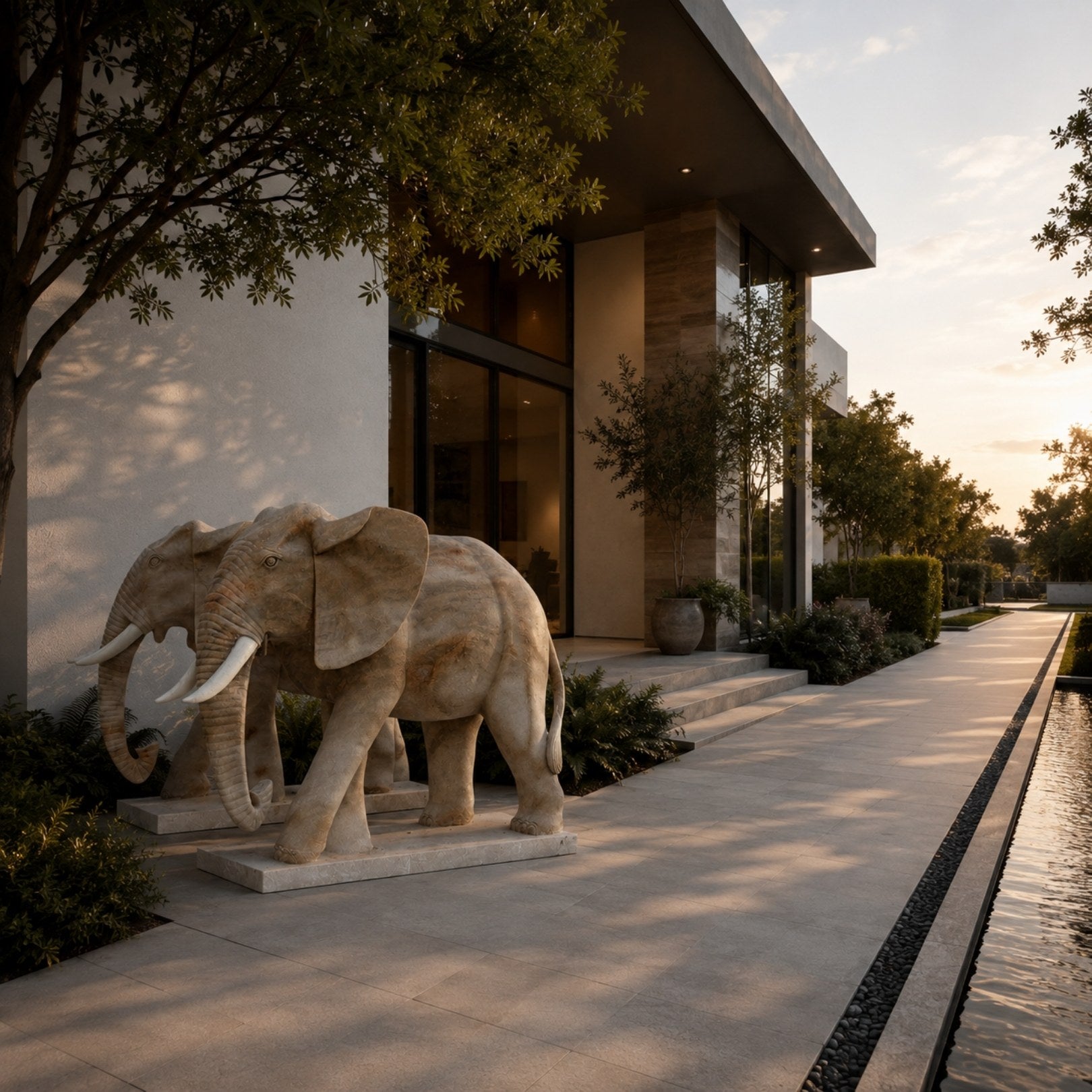Olive marble elephant, unadorned, with white tusks on a plain slab