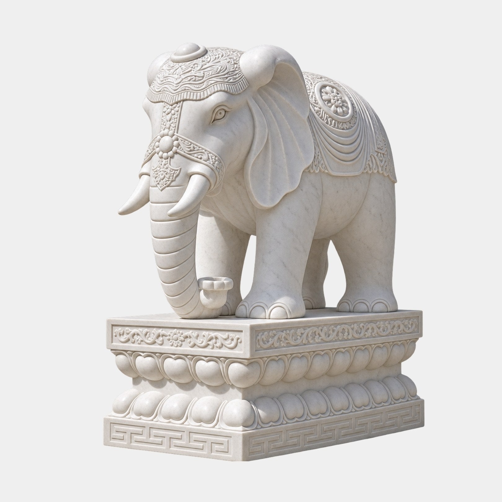 White marble elephant with a rosette headpiece and beaded harness