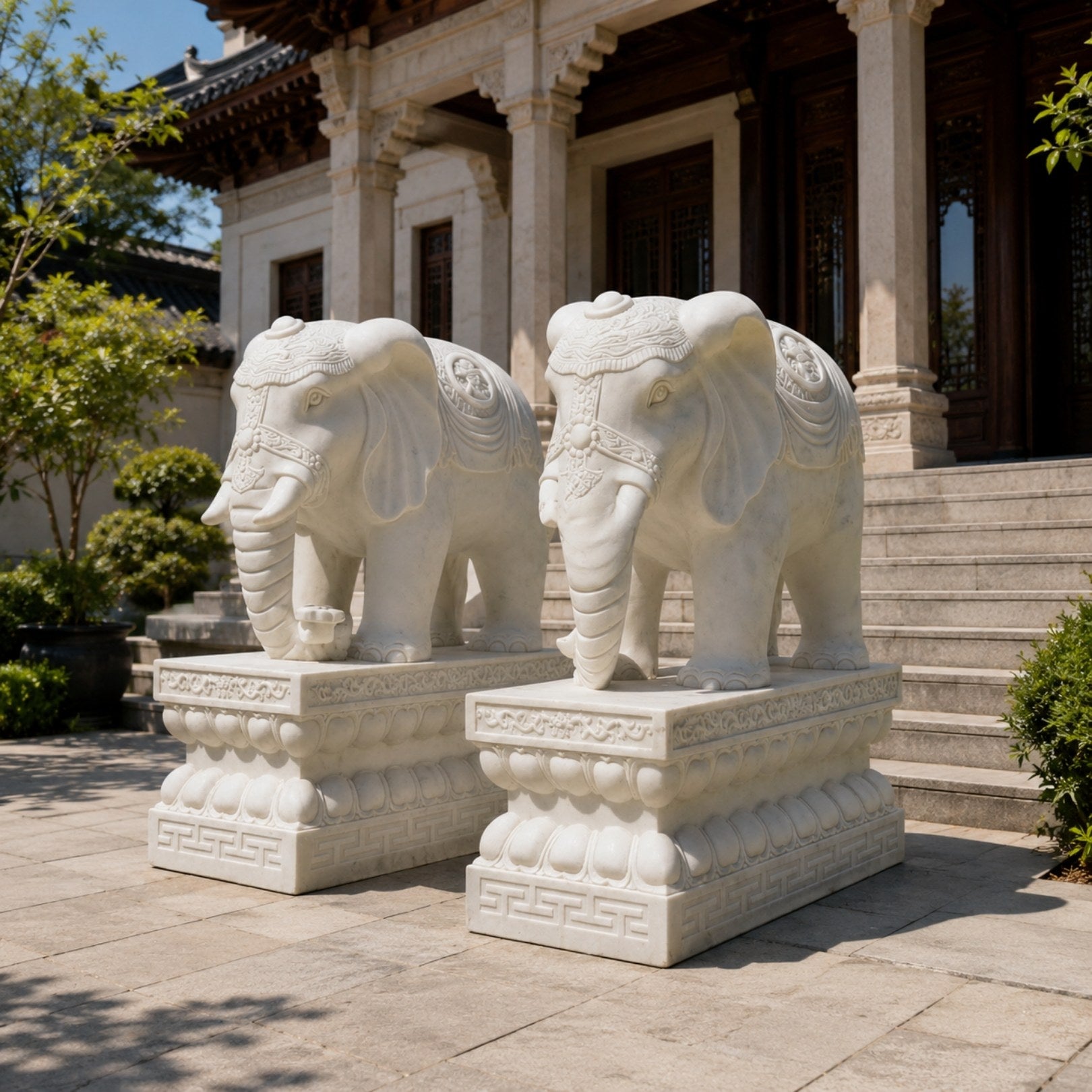 White marble elephant with a rosette headpiece and beaded chest chain