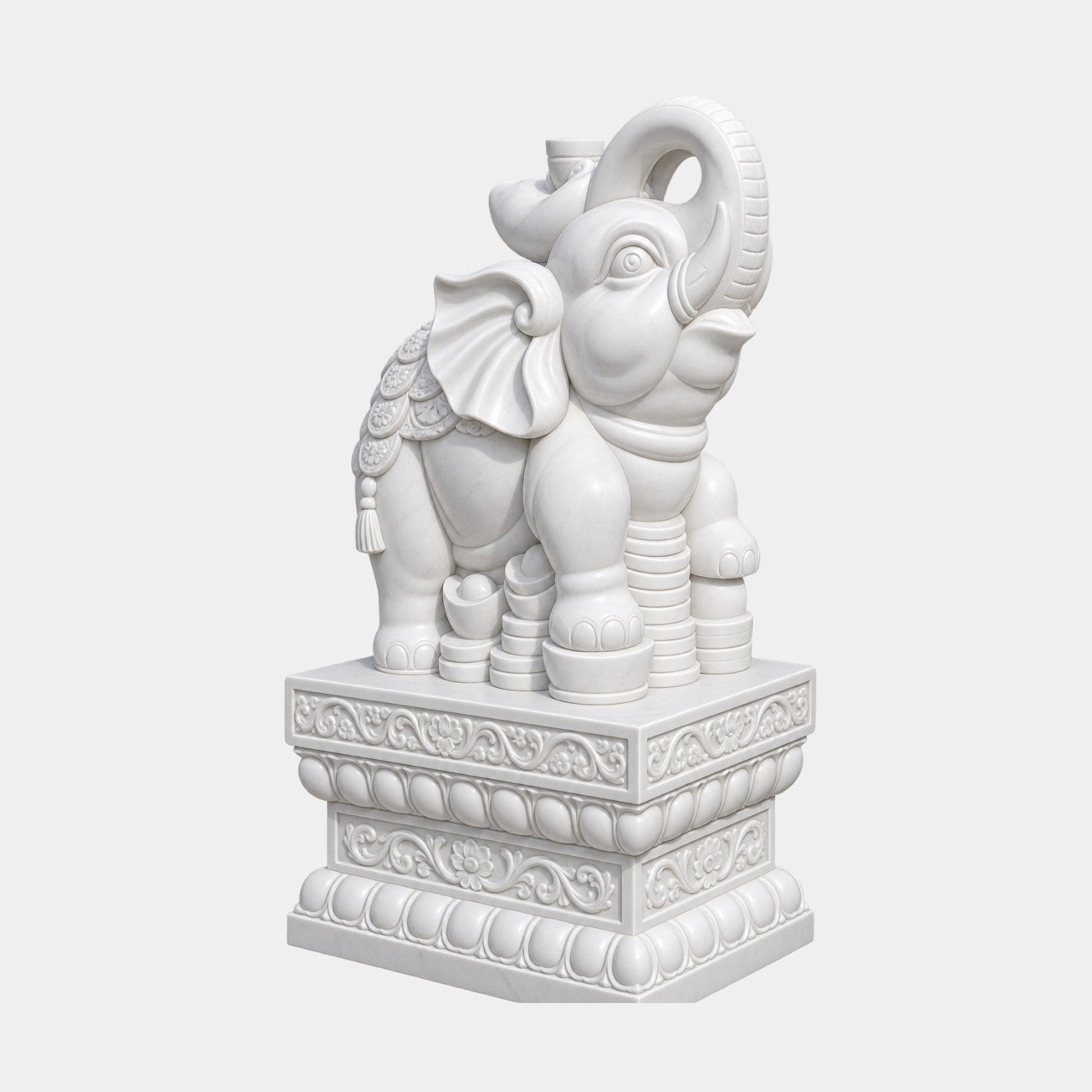 White marble elephant with its trunk curled overhead, standing among carved coins