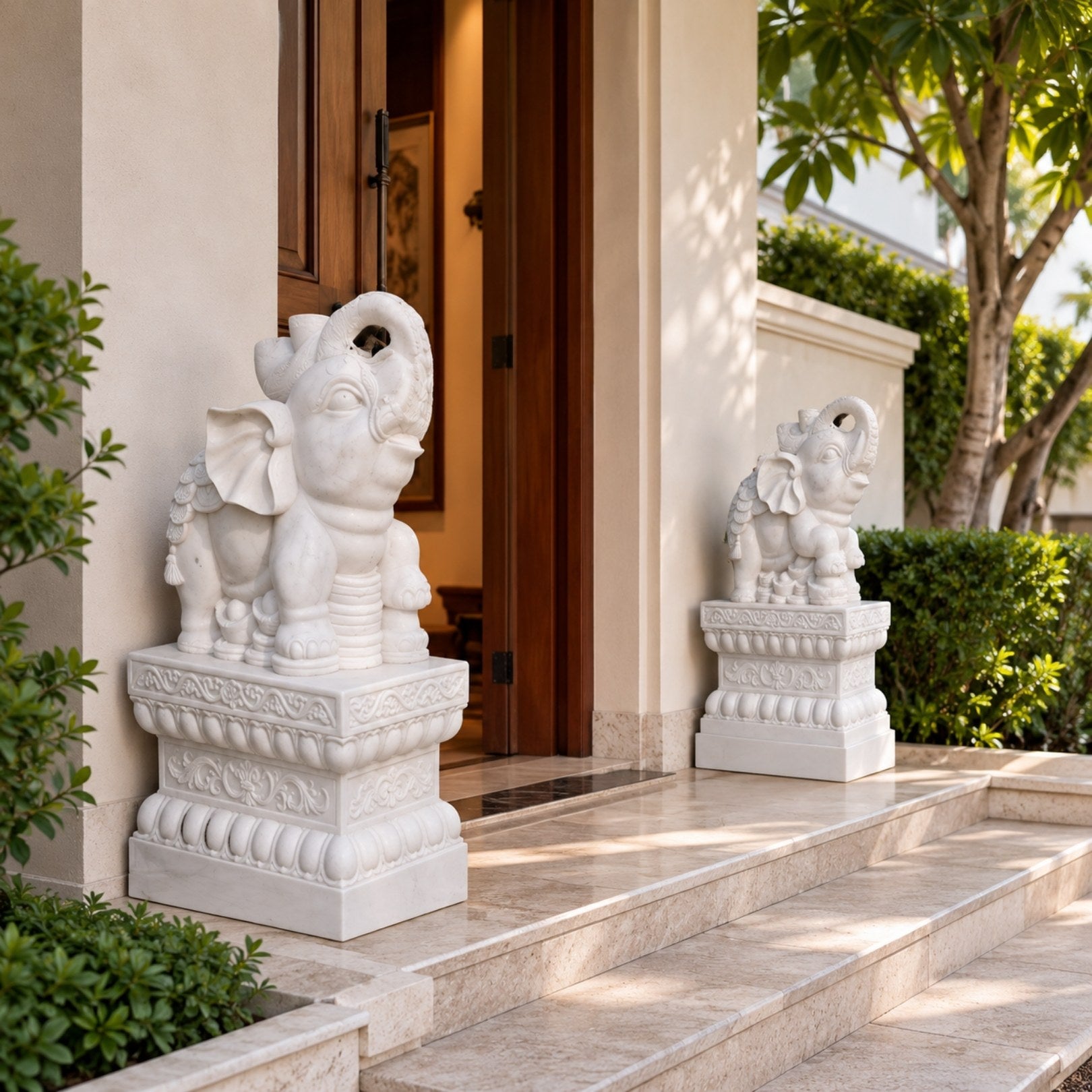 White marble elephant seated with its trunk raised over stacked coins