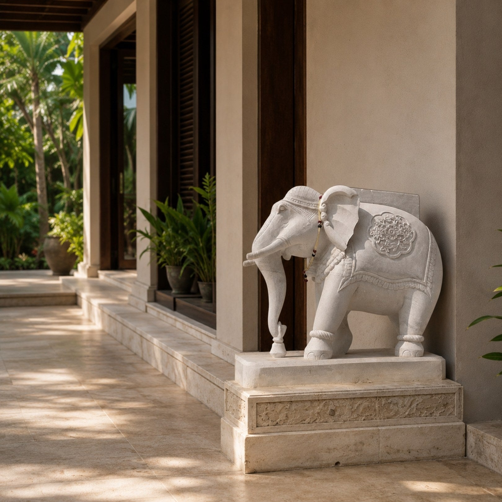 White marble elephant with a carved headpiece and a floral roundel cloth